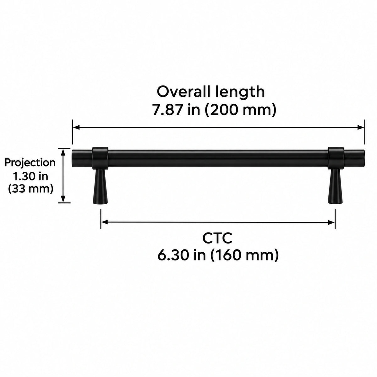 Stepped-Ring Brass Cabinet Pulls & T-Knobs — BLK finish; Overall length 7.87 in (200 mm); CTC 6.30 in (160 mm); Projection 1.30 in (33 mm)