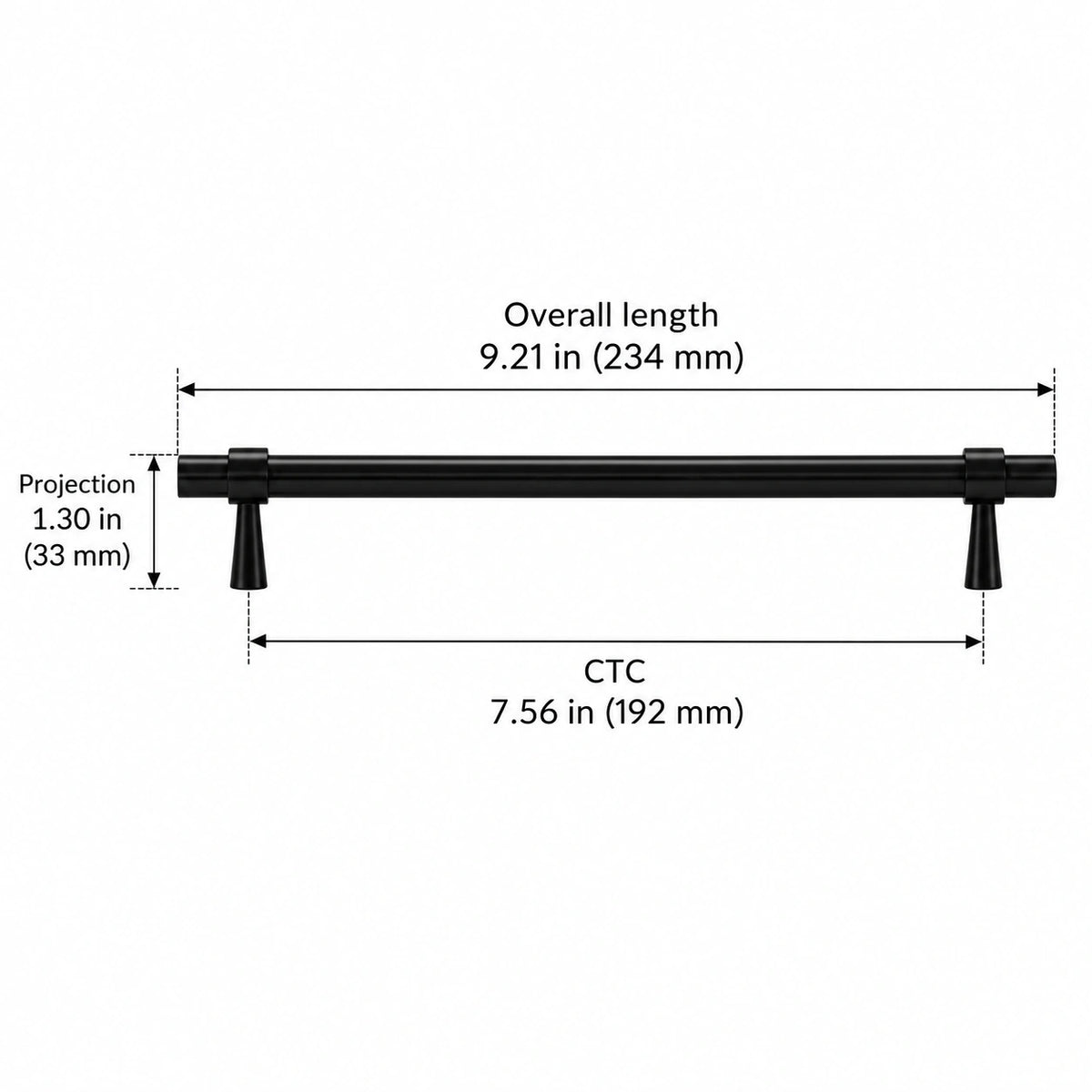 Stepped-Ring Brass Cabinet Pulls & T-Knobs — BLK finish; Overall length 9.21 in (234 mm); CTC 7.56 in (192 mm); Projection 1.30 in (33 mm)