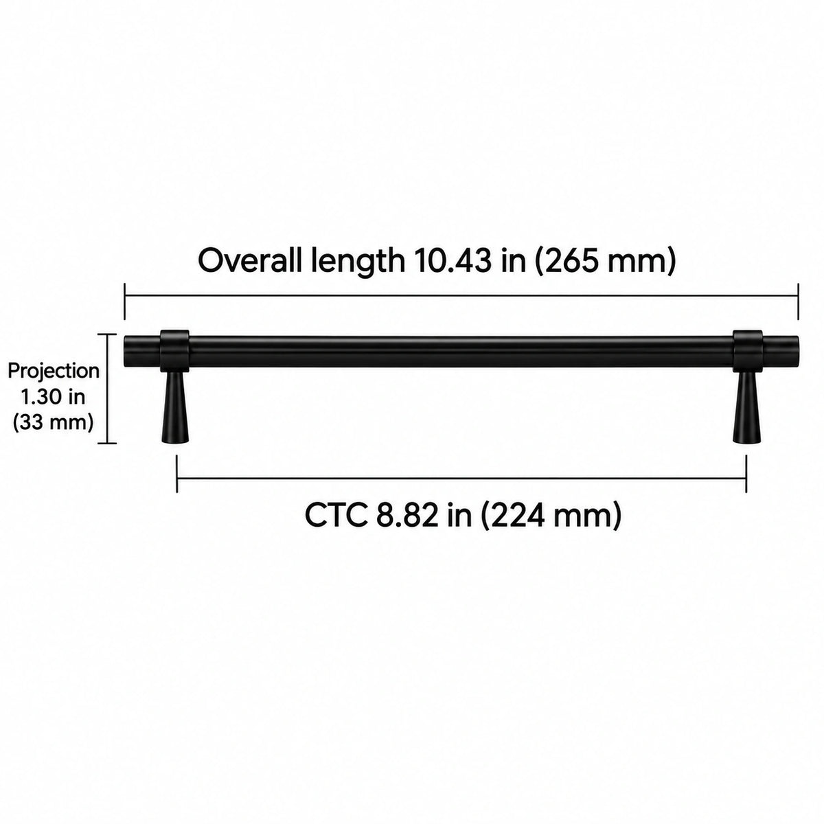 Stepped-Ring Brass Cabinet Pulls & T-Knobs — BLK finish; Overall length 10.43 in (265 mm); CTC 8.82 in (224 mm); Projection 1.30 in (33 mm)