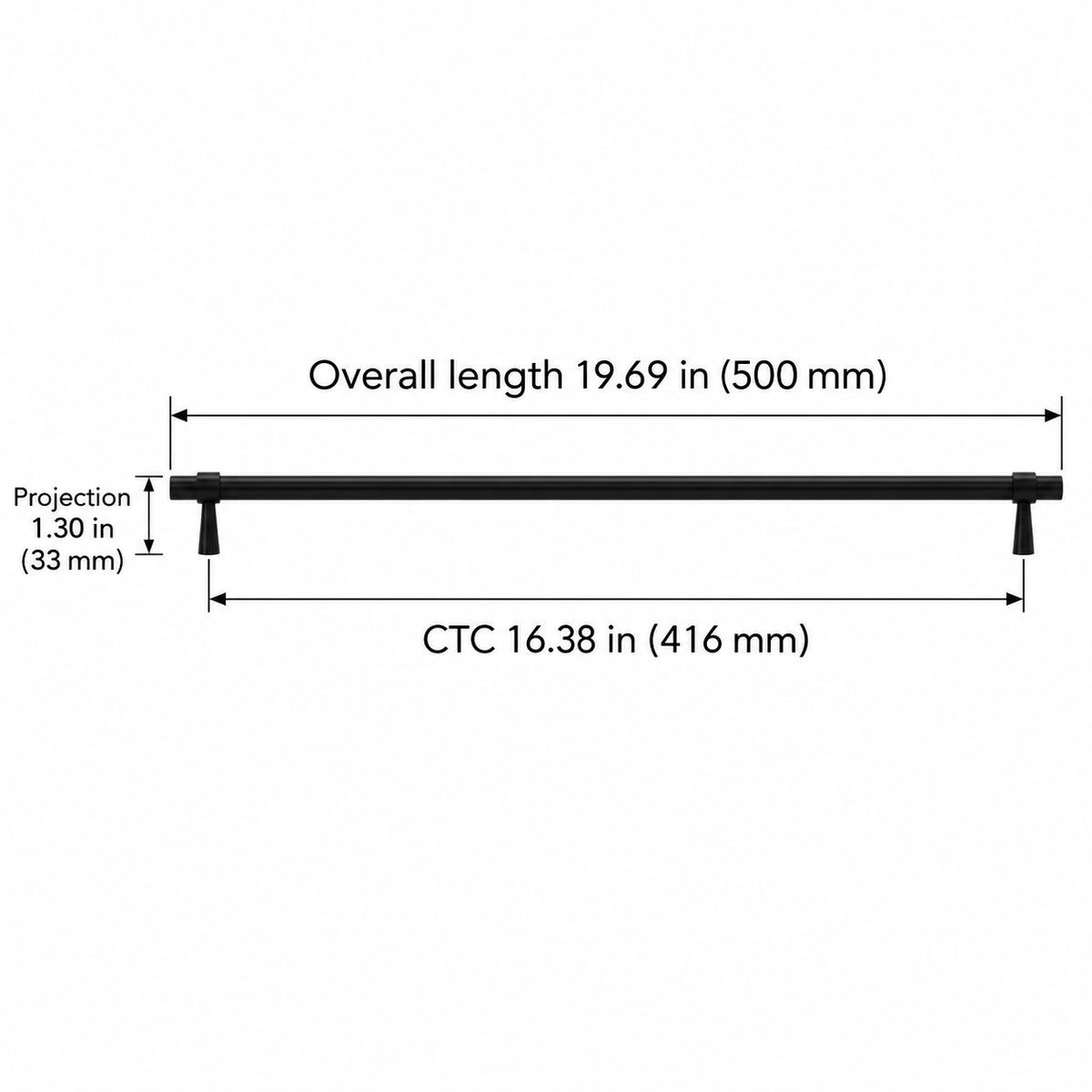 Stepped-Ring Brass Cabinet Pulls & T-Knobs — BLK finish; Overall length 19.69 in (500 mm); CTC 16.38 in (416 mm); Projection 1.30 in (33 mm)