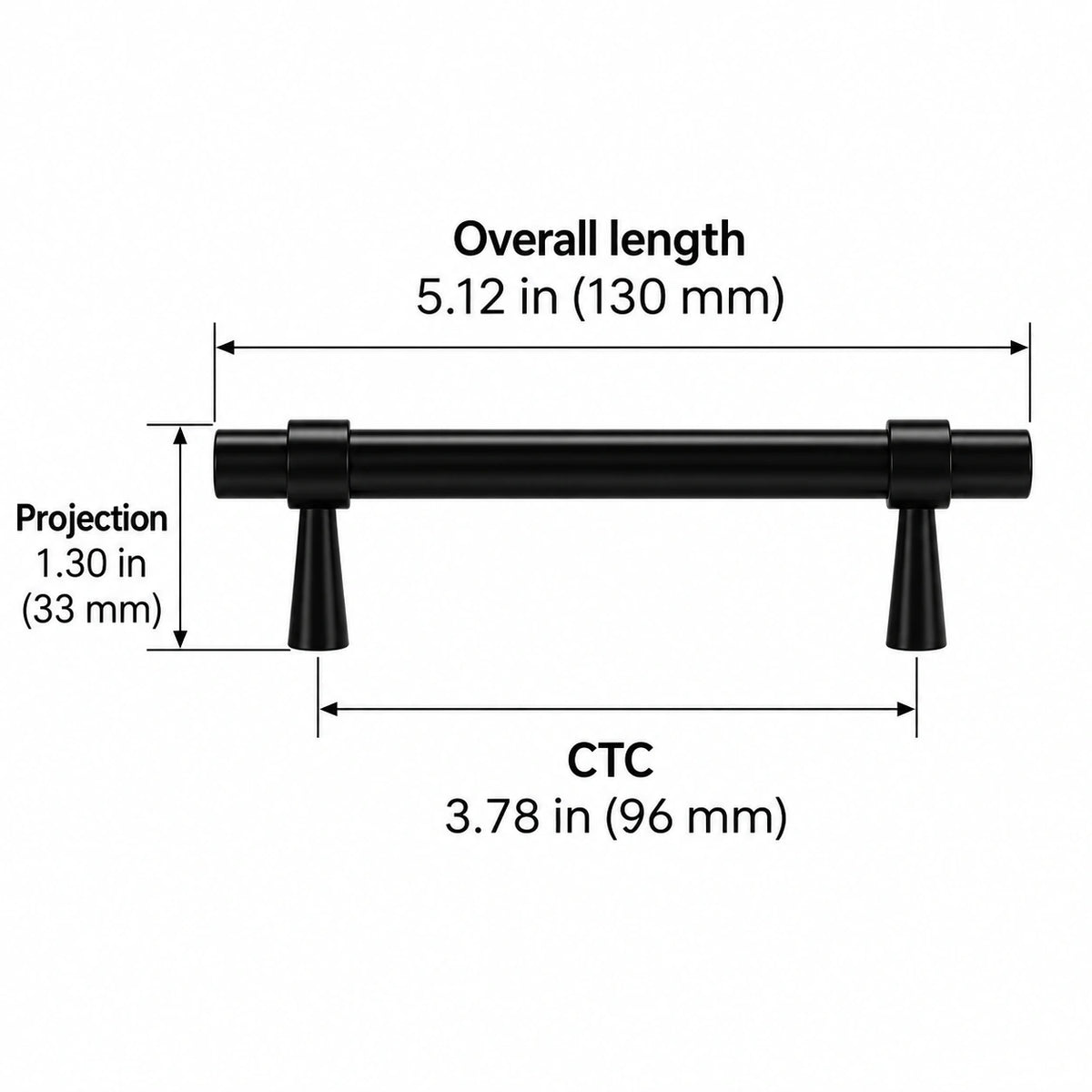 Stepped-Ring Brass Cabinet Pulls & T-Knobs — BLK finish; Overall length 5.12 in (130 mm); CTC 3.78 in (96 mm); Projection 1.30 in (33 mm)