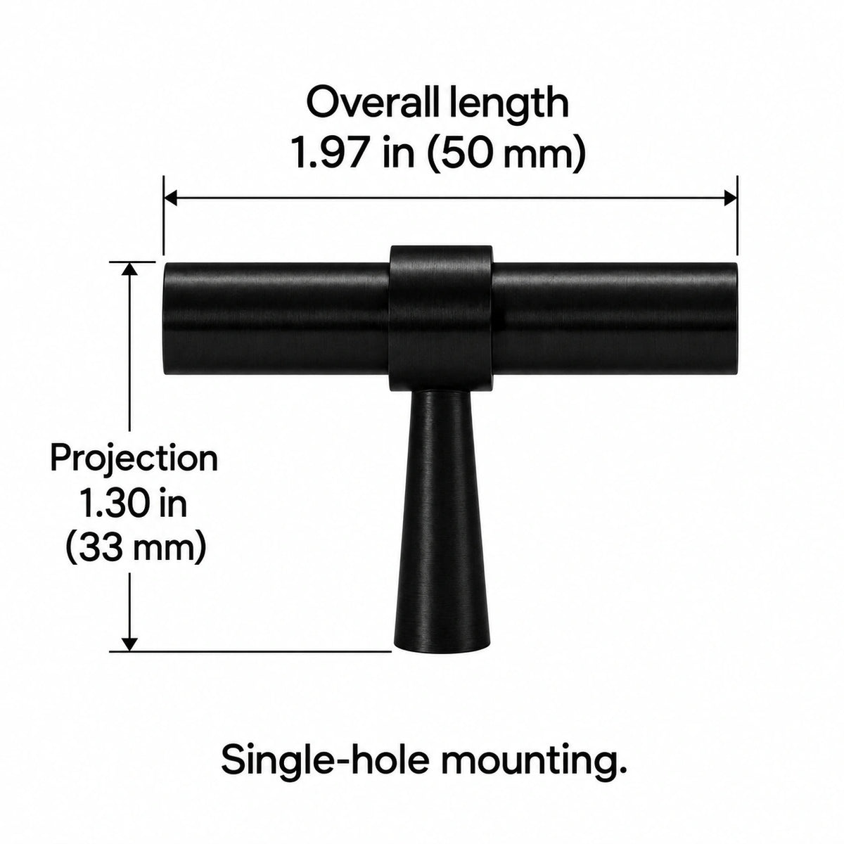 Stepped-Ring Brass Cabinet Pulls & T-Knobs — BLK finish; Overall length 1.97 in (50 mm); Projection 1.30 in (33 mm); Single-hole mounting