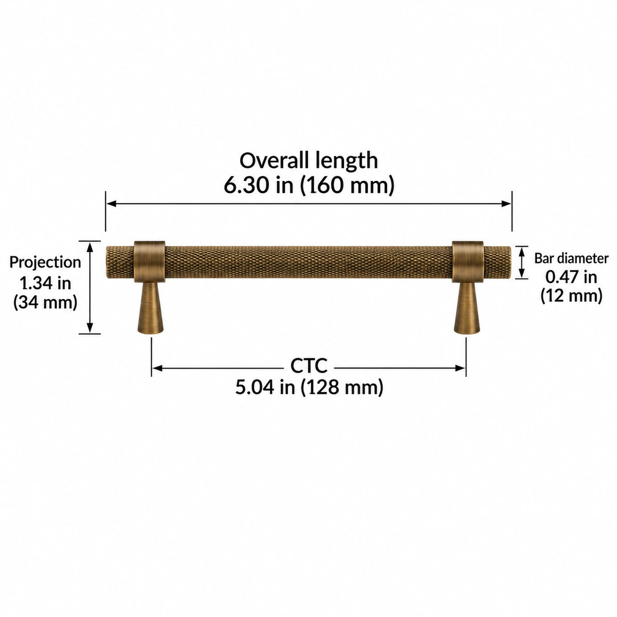 Antique Brass Collared Knurled Cabinet Pulls & Knobs — Overall length 6.30 in (160 mm); CTC 5.04 in (128 mm); Projection 1.34 in (34 mm); Bar diameter 0.47 in (12 mm)