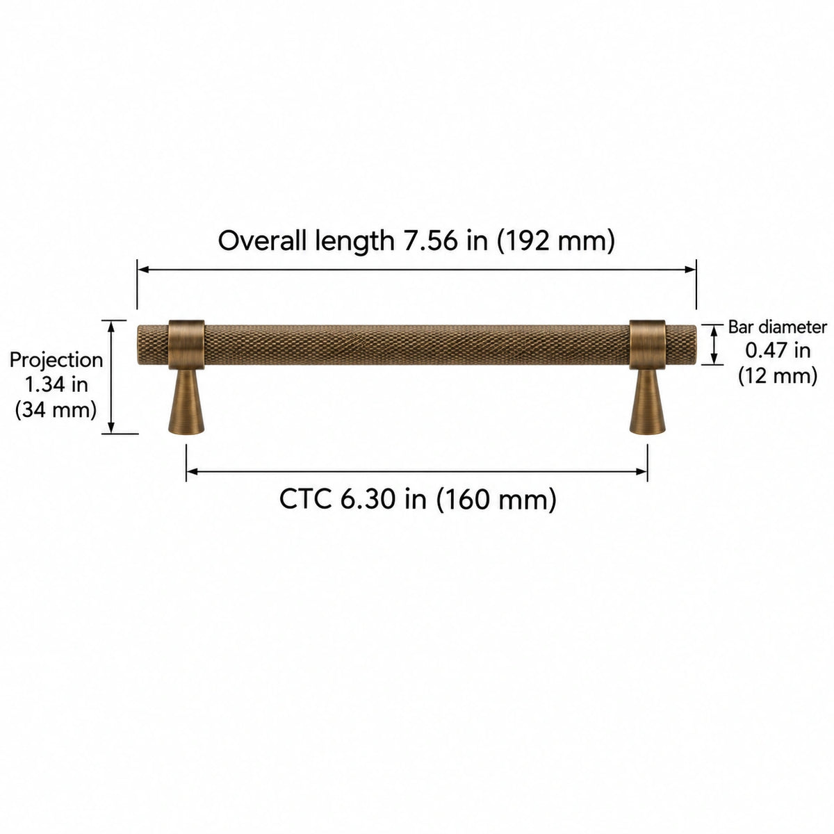Antique Brass Collared Knurled Cabinet Pulls & Knobs — Overall length 7.56 in (192 mm); CTC 6.30 in (160 mm); Projection 1.34 in (34 mm); Bar diameter 0.47 in (12 mm)