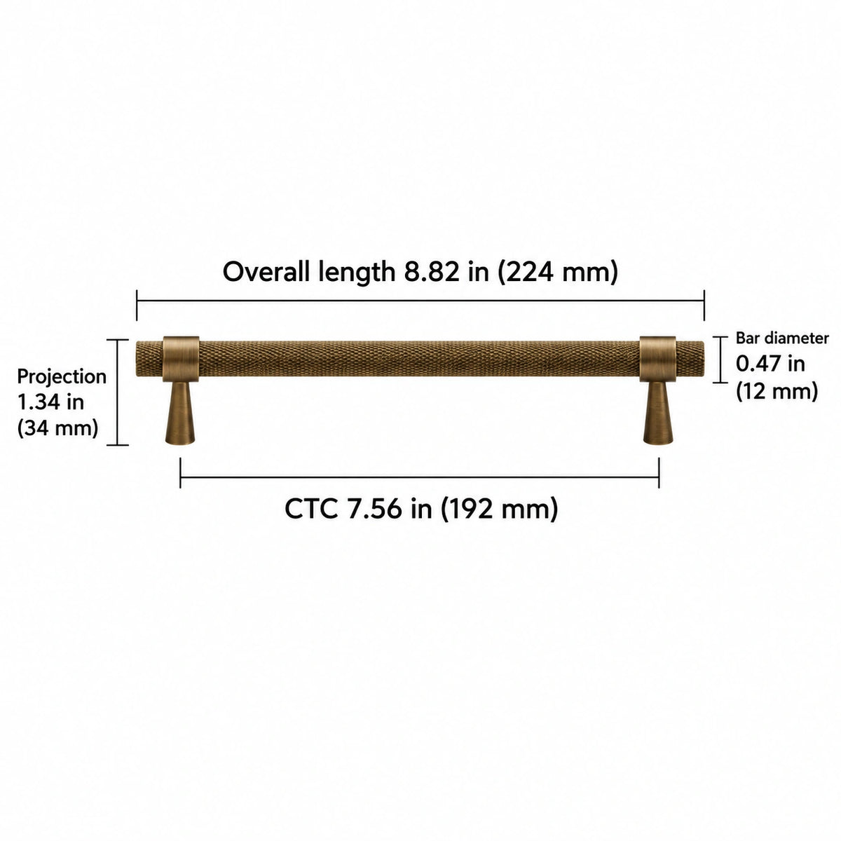 Antique Brass Collared Knurled Cabinet Pulls & Knobs — Overall length 8.82 in (224 mm); CTC 7.56 in (192 mm); Projection 1.34 in (34 mm); Bar diameter 0.47 in (12 mm)