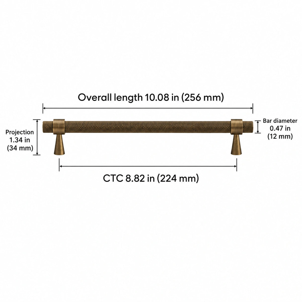 Antique Brass Collared Knurled Cabinet Pulls & Knobs — Overall length 10.08 in (256 mm); CTC 8.82 in (224 mm); Projection 1.34 in (34 mm); Bar diameter 0.47 in (12 mm)