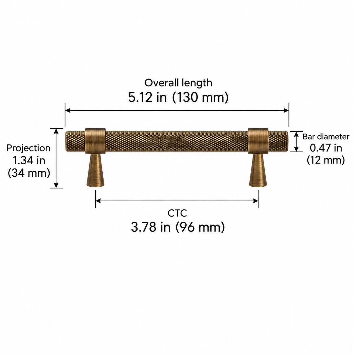 Antique Brass Collared Knurled Cabinet Pulls & Knobs — Overall length 5.12 in (130 mm); CTC 3.78 in (96 mm); Projection 1.34 in (34 mm); Bar diameter 0.47 in (12 mm)