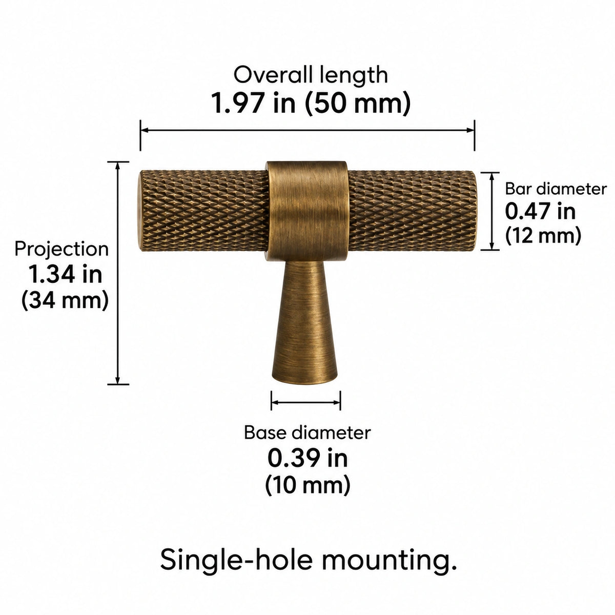 Antique Brass Collared Knurled Cabinet Pulls & Knobs — Overall length 1.97 in (50 mm); Projection 1.34 in (34 mm); Bar diameter 0.47 in (12 mm); Base diameter 0.39 in (10 mm); Single-hole mounting