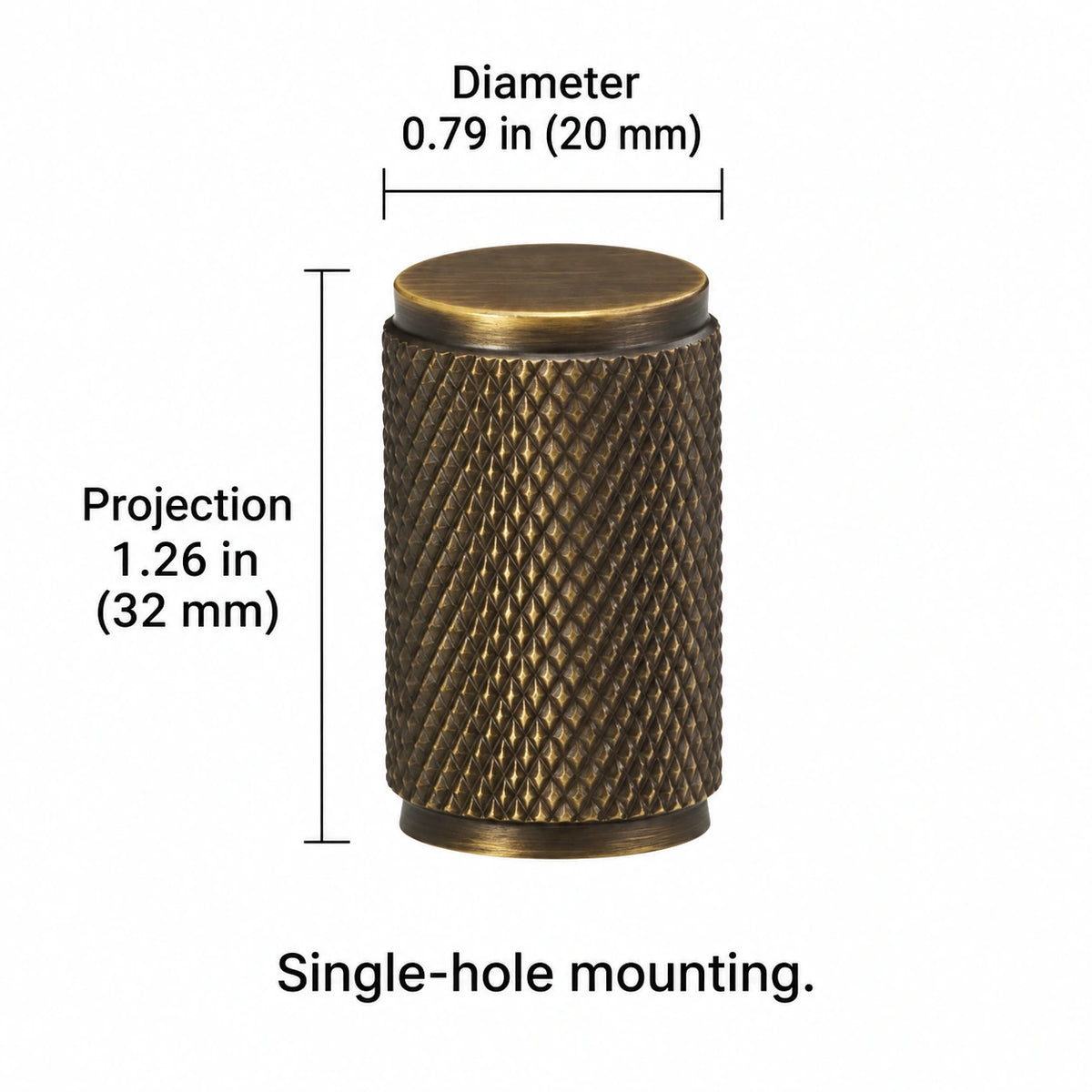 Antique Brass Collared Knurled Cabinet Pulls & Knobs — Diameter 0.79 in (20 mm); Projection 1.26 in (32 mm); Single-hole mounting