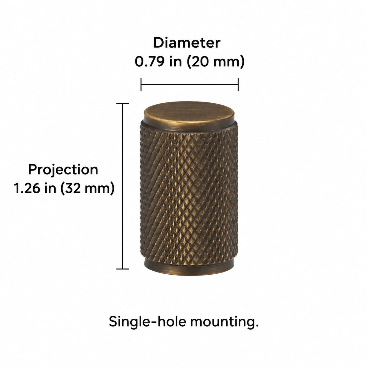 Cross-knurled knob i — antique brass — 0.79 in (20 mm) diameter; Diameter 0.79 in (20 mm); Projection 1.26 in (32 mm); Single-hole mounting