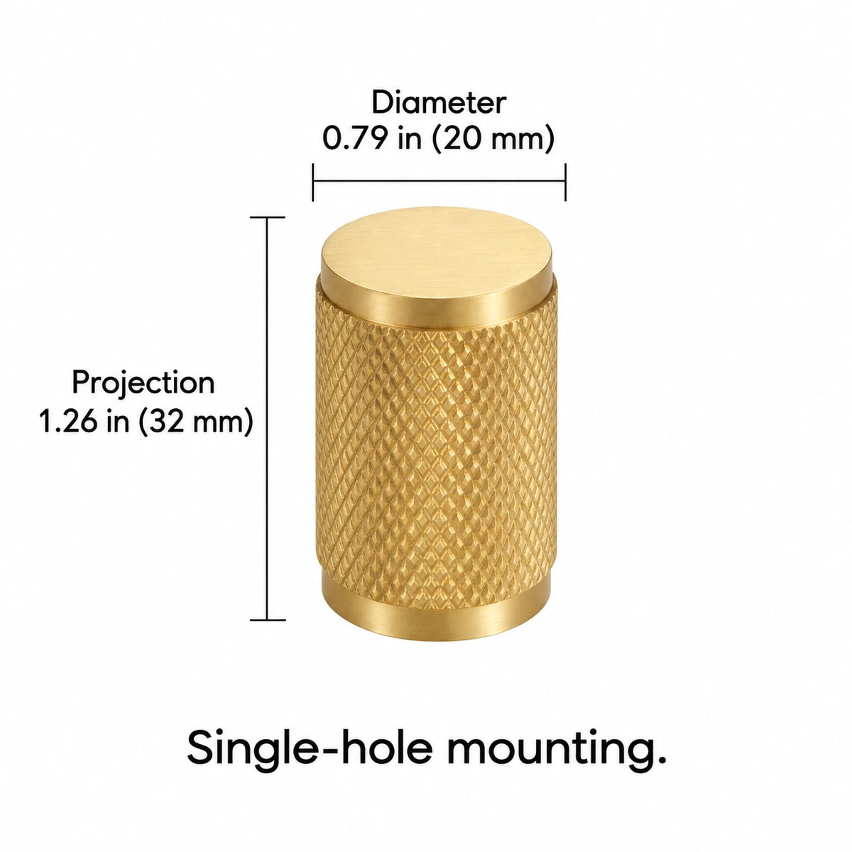 Cross-knurled knob ii — brass — 0.79 in (20 mm) diameter; Diameter 0.79 in (20 mm); Projection 1.26 in (32 mm); Single-hole mounting