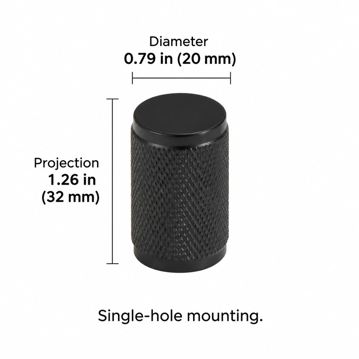 Cross-knurled knob ii — black — 0.79 in (20 mm) diameter; Diameter 0.79 in (20 mm); Projection 1.26 in (32 mm); Single-hole mounting