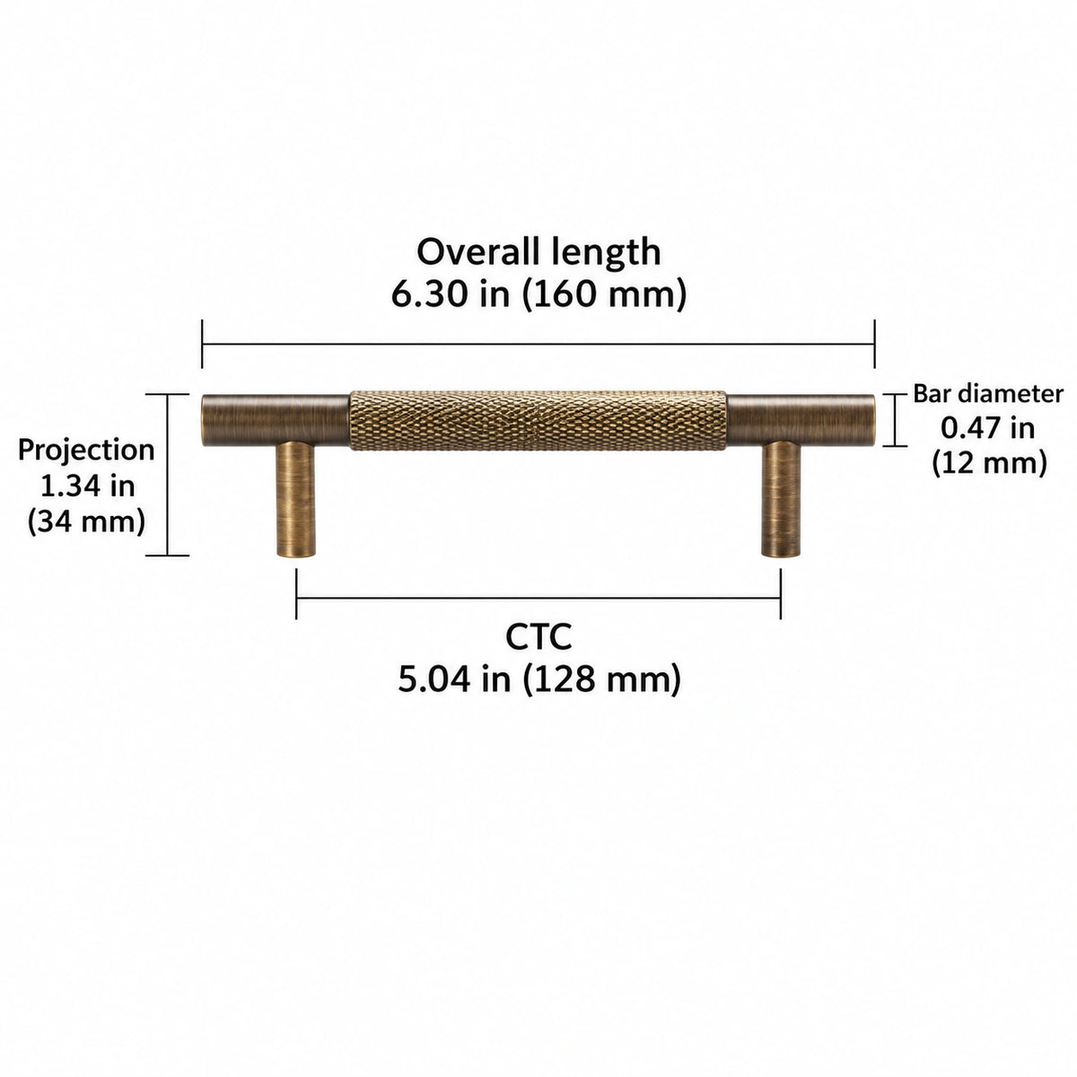 Cross-knurled pull — antique brass — 5.04 in (128 mm) ctc; Overall length 6.30 in (160 mm); CTC 5.04 in (128 mm); Projection 1.34 in (34 mm); Bar diameter 0.47 in (12 mm)