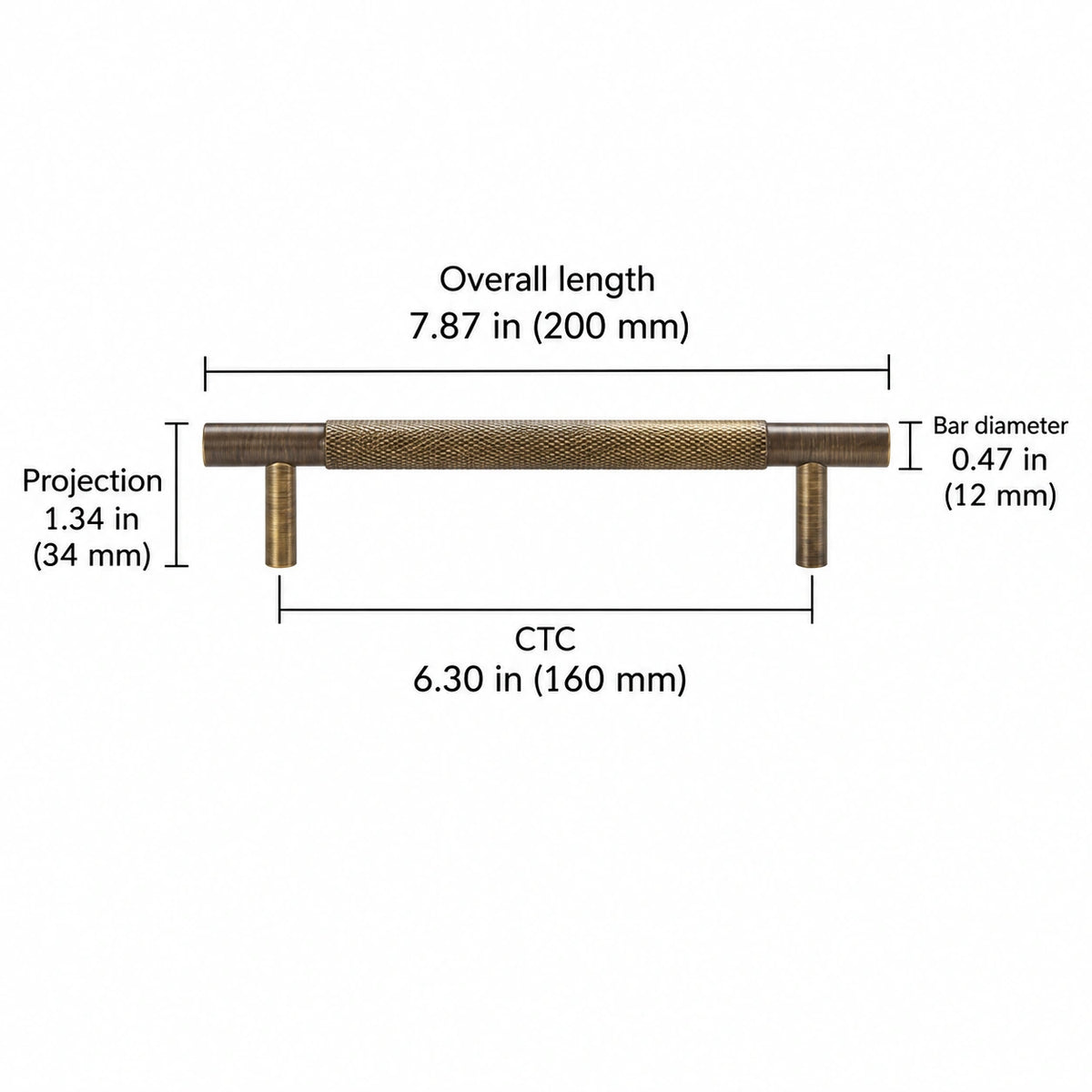 Cross-knurled pull — antique brass — 6.30 in (160 mm) ctc; Overall length 7.87 in (200 mm); CTC 6.30 in (160 mm); Projection 1.34 in (34 mm); Bar diameter 0.47 in (12 mm)