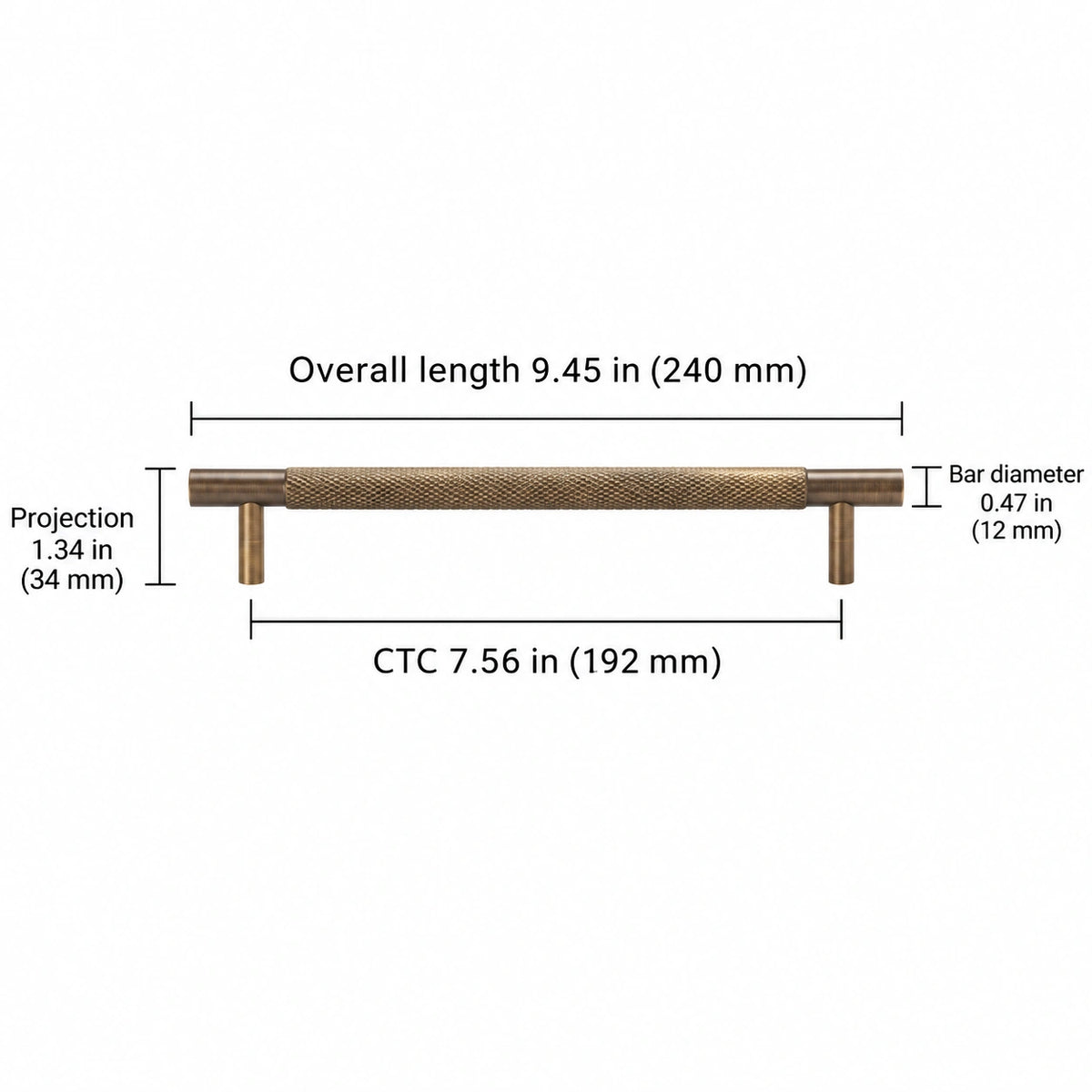 Cross-knurled pull — antique brass — 7.56 in (192 mm) ctc; Overall length 9.45 in (240 mm); CTC 7.56 in (192 mm); Projection 1.34 in (34 mm); Bar diameter 0.47 in (12 mm)