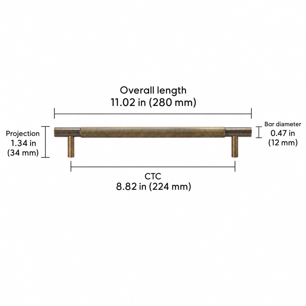 Cross-knurled pull — antique brass — 8.82 in (224 mm) ctc; Overall length 11.02 in (280 mm); CTC 8.82 in (224 mm); Projection 1.34 in (34 mm); Bar diameter 0.47 in (12 mm)