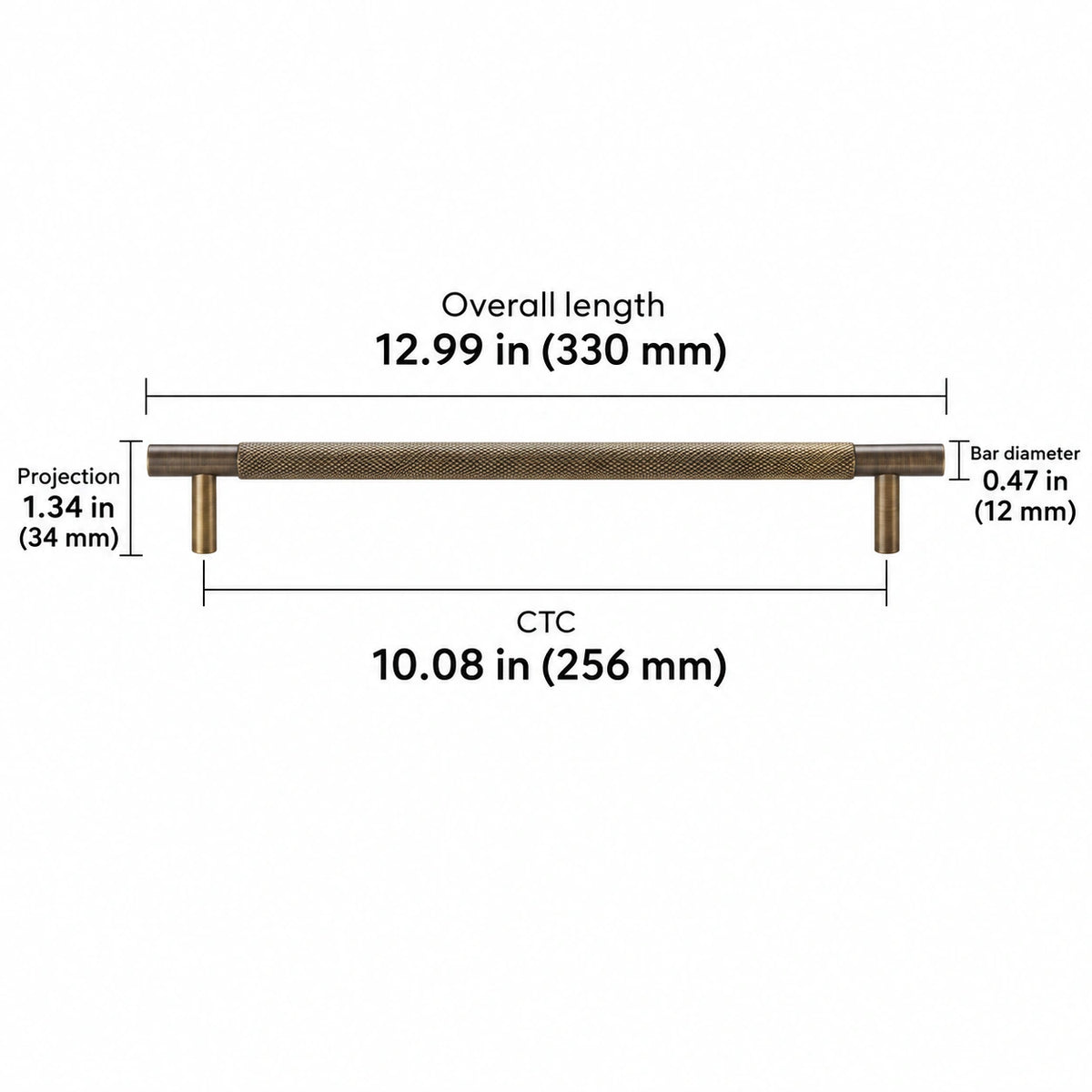 Cross-knurled pull — antique brass — 10.08 in (256 mm) ctc; Overall length 12.99 in (330 mm); CTC 10.08 in (256 mm); Projection 1.34 in (34 mm); Bar diameter 0.47 in (12 mm)