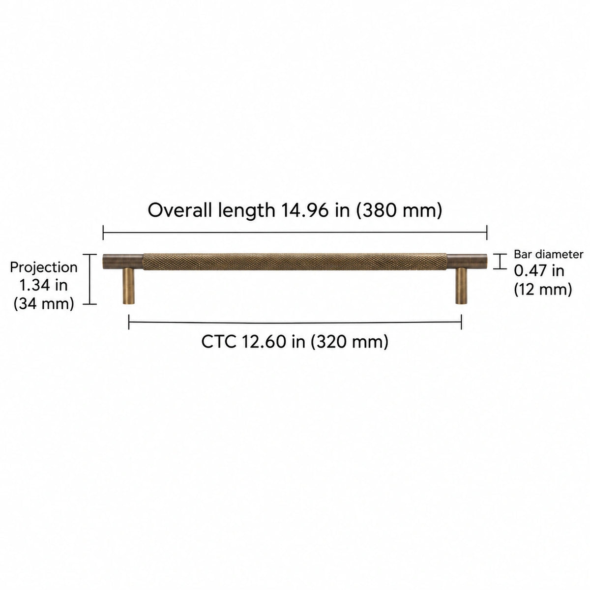 Cross-knurled pull — antique brass — 12.60 in (320 mm) ctc; Overall length 14.96 in (380 mm); CTC 12.60 in (320 mm); Projection 1.34 in (34 mm); Bar diameter 0.47 in (12 mm)