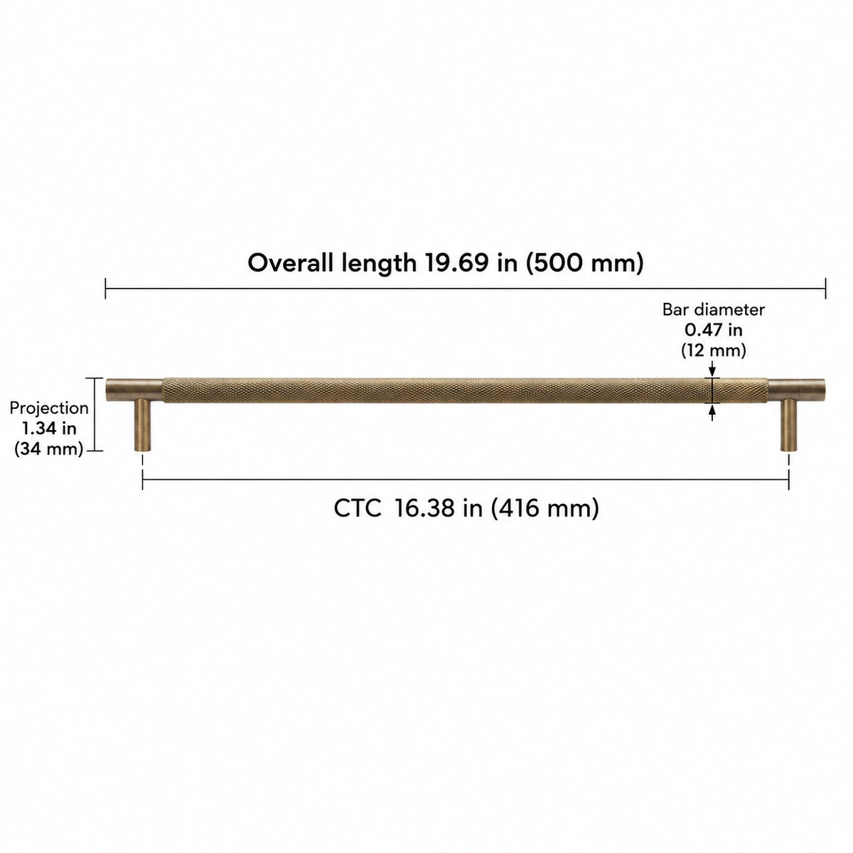 Cross-knurled pull — antique brass — 16.38 in (416 mm) ctc; Overall length 19.69 in (500 mm); CTC 16.38 in (416 mm); Projection 1.34 in (34 mm); Bar diameter 0.47 in (12 mm)