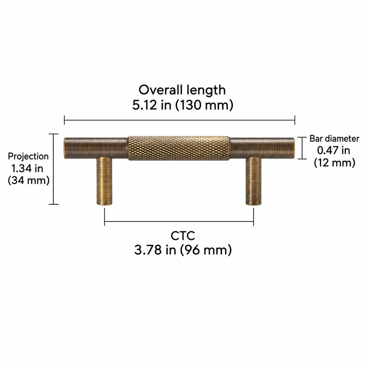 Cross-knurled pull — antique brass — 3.78 in (96 mm) ctc; Overall length 5.12 in (130 mm); CTC 3.78 in (96 mm); Projection 1.34 in (34 mm); Bar diameter 0.47 in (12 mm)