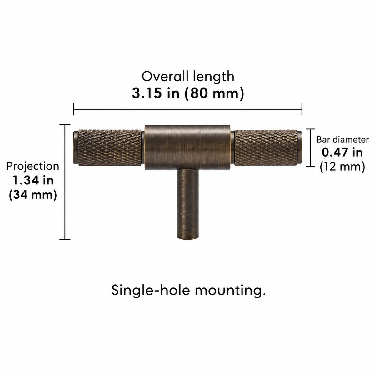 Cross-knurled t-bar — antique brass — 3.15 in (80 mm) length; Overall length 3.15 in (80 mm); Projection 1.34 in (34 mm); Bar diameter 0.47 in (12 mm); Single-hole mounting