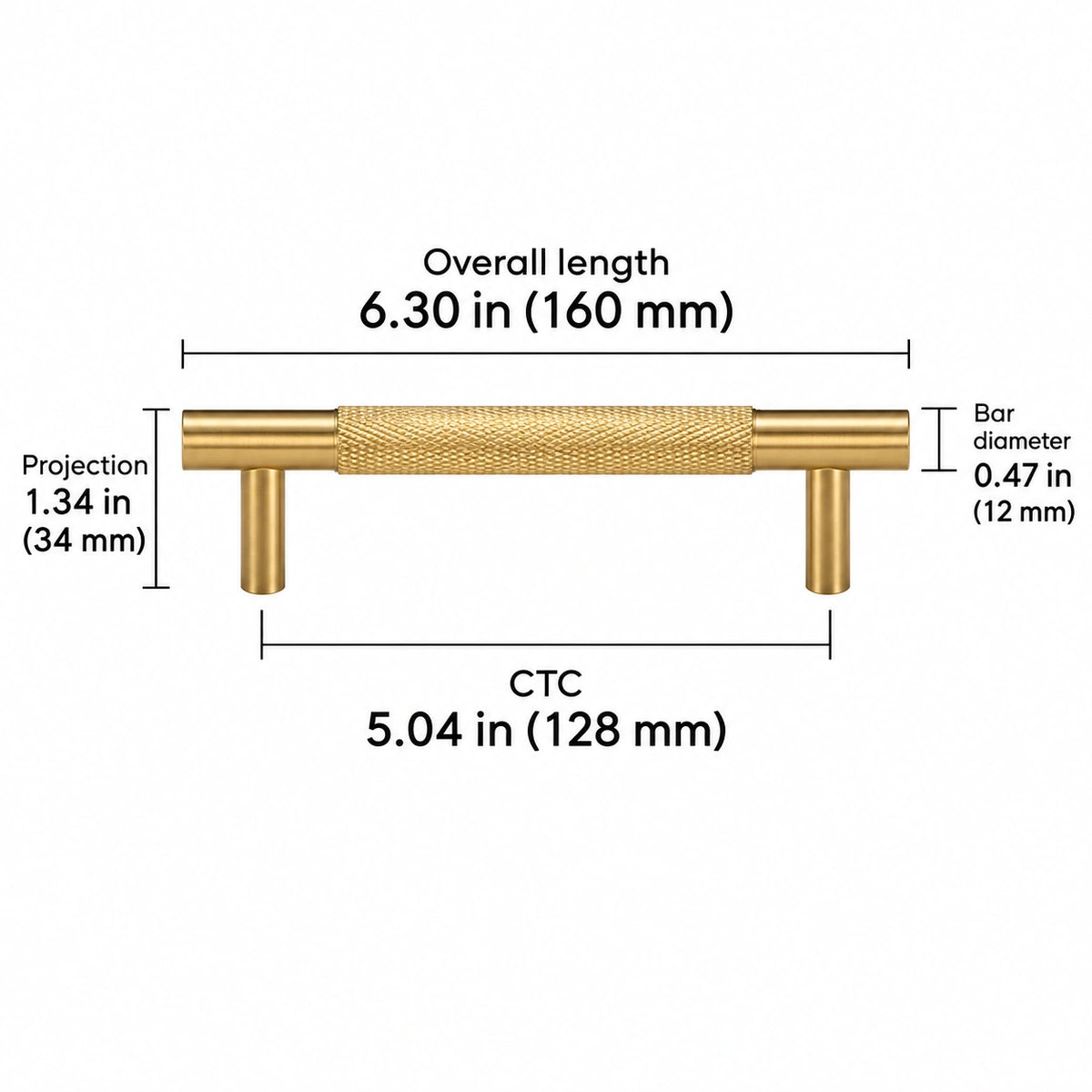 Cross-knurled pull — brass — 5.04 in (128 mm) ctc; Overall length 6.30 in (160 mm); CTC 5.04 in (128 mm); Projection 1.34 in (34 mm); Bar diameter 0.47 in (12 mm)