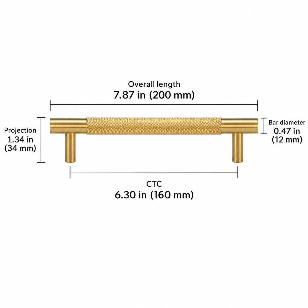 Cross-knurled pull — brass — 6.30 in (160 mm) ctc; Overall length 7.87 in (200 mm); CTC 6.30 in (160 mm); Projection 1.34 in (34 mm); Bar diameter 0.47 in (12 mm)