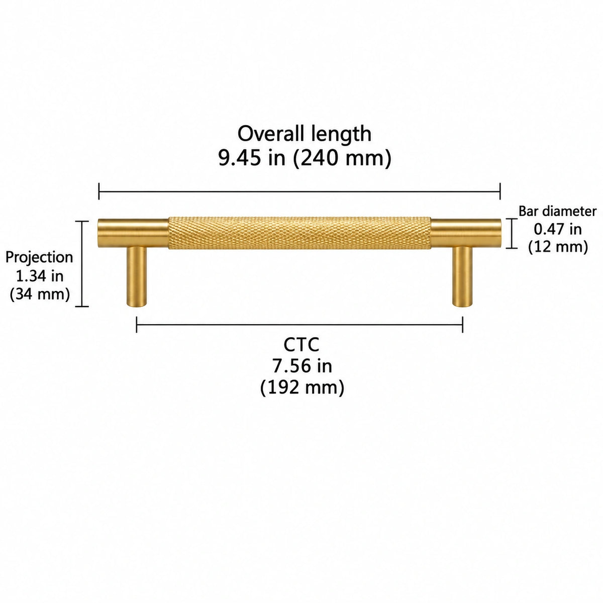Cross-knurled pull — brass — 7.56 in (192 mm) ctc; Overall length 9.45 in (240 mm); CTC 7.56 in (192 mm); Projection 1.34 in (34 mm); Bar diameter 0.47 in (12 mm)