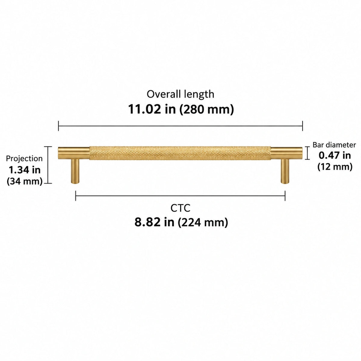 Cross-knurled pull — brass — 8.82 in (224 mm) ctc; Overall length 11.02 in (280 mm); CTC 8.82 in (224 mm); Projection 1.34 in (34 mm); Bar diameter 0.47 in (12 mm)