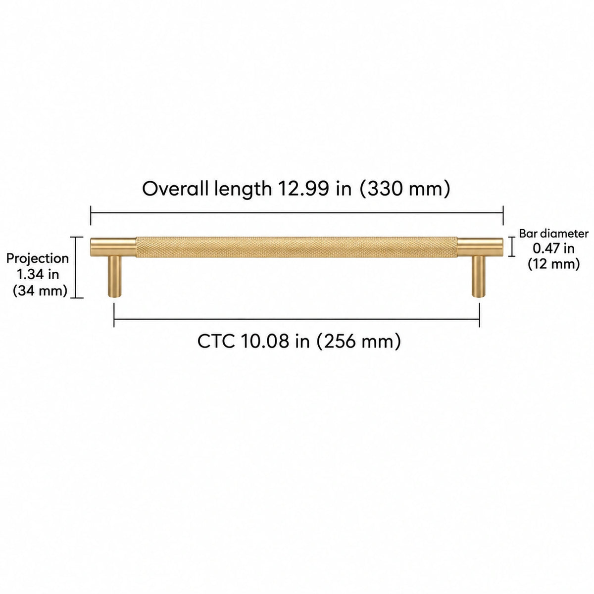 Cross-knurled pull — brass — 10.08 in (256 mm) ctc; Overall length 12.99 in (330 mm); CTC 10.08 in (256 mm); Projection 1.34 in (34 mm); Bar diameter 0.47 in (12 mm)