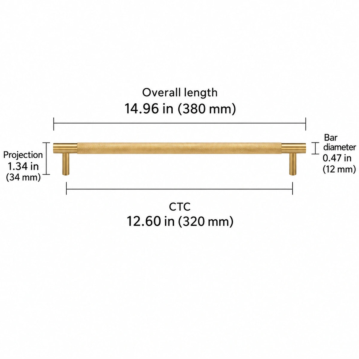 Cross-knurled pull — brass — 12.60 in (320 mm) ctc; Overall length 14.96 in (380 mm); CTC 12.60 in (320 mm); Projection 1.34 in (34 mm); Bar diameter 0.47 in (12 mm)