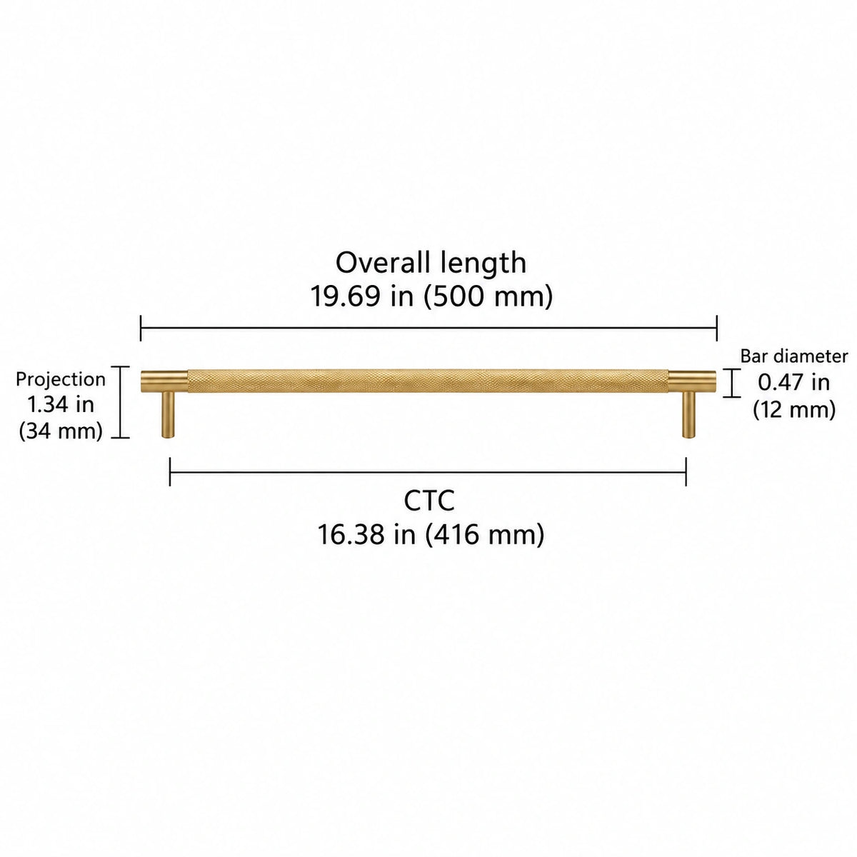 Cross-knurled pull — brass — 16.38 in (416 mm) ctc; Overall length 19.69 in (500 mm); CTC 16.38 in (416 mm); Projection 1.34 in (34 mm); Bar diameter 0.47 in (12 mm)
