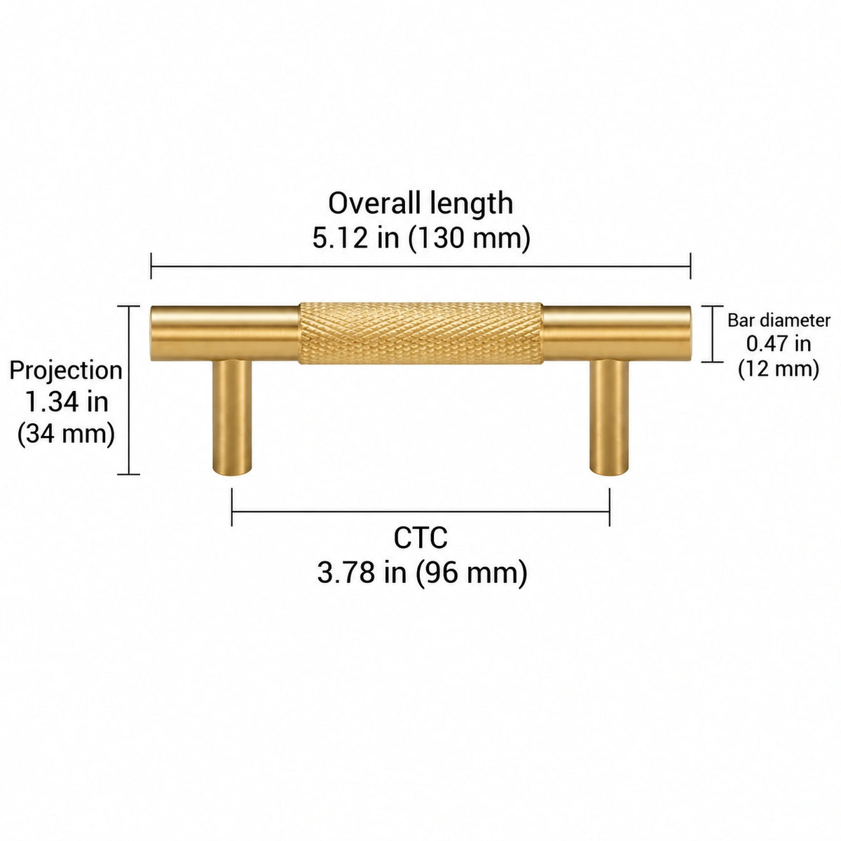 Cross-knurled pull — brass — 3.78 in (96 mm) ctc; Overall length 5.12 in (130 mm); CTC 3.78 in (96 mm); Projection 1.34 in (34 mm); Bar diameter 0.47 in (12 mm)