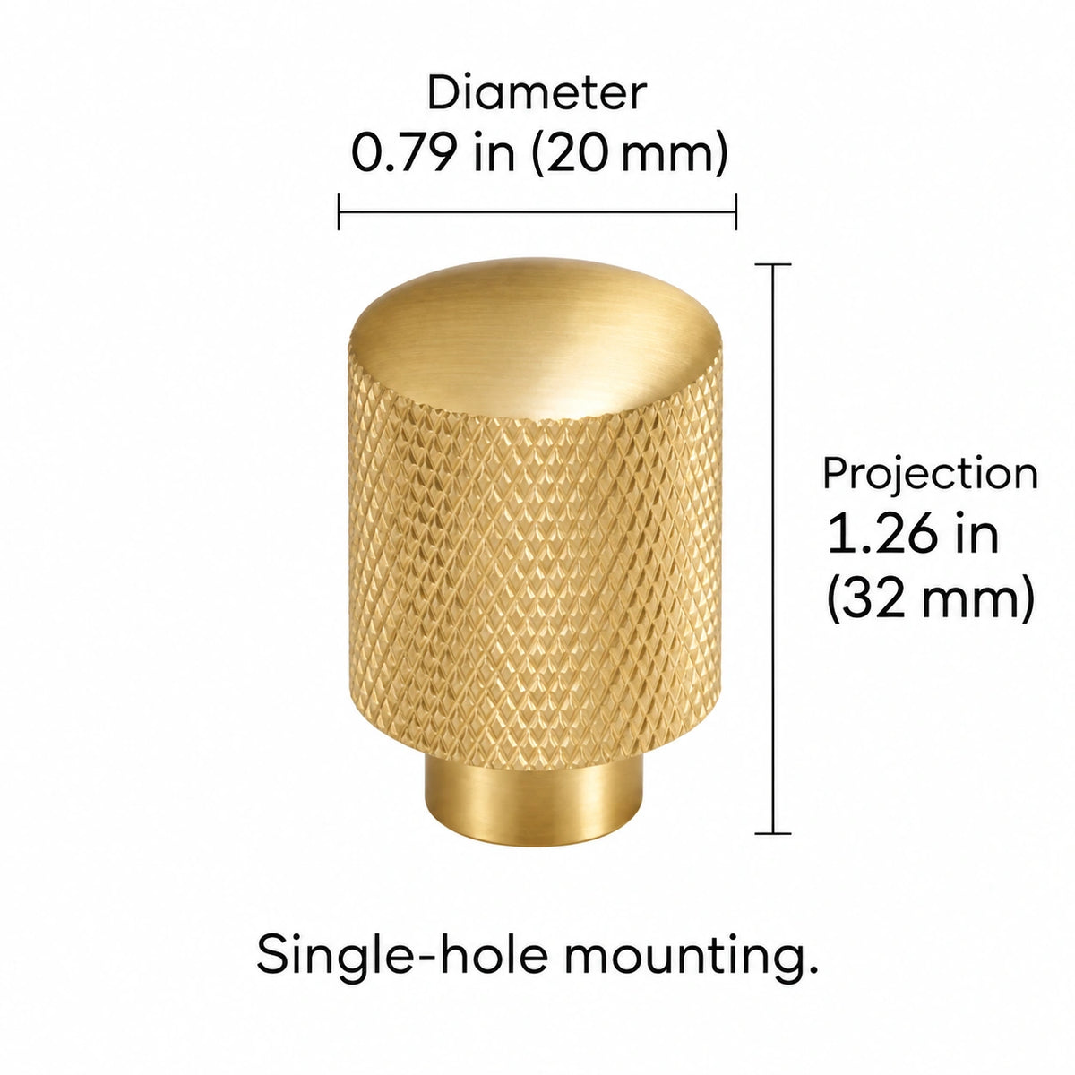 Cross-knurled knob i — brass — 0.79 in (20 mm) diameter; Diameter 0.79 in (20 mm); Projection 1.26 in (32 mm); Single-hole mounting