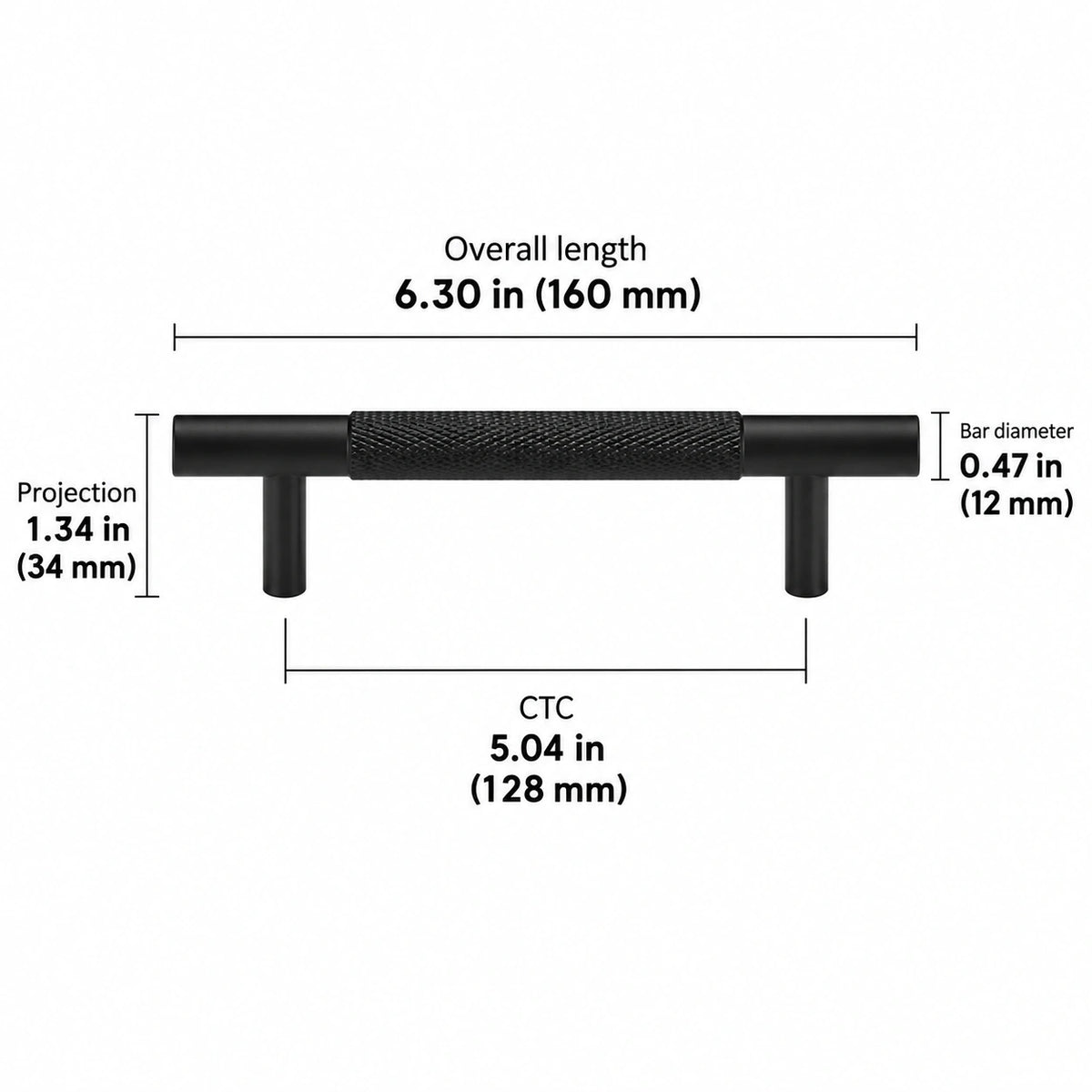 Cross-knurled pull — black — 5.04 in (128 mm) ctc; Overall length 6.30 in (160 mm); CTC 5.04 in (128 mm); Projection 1.34 in (34 mm); Bar diameter 0.47 in (12 mm)