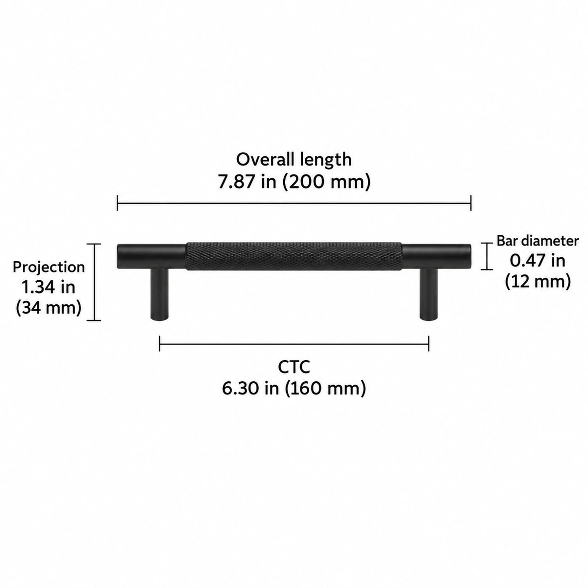 Cross-knurled pull — black — 6.30 in (160 mm) ctc; Overall length 7.87 in (200 mm); CTC 6.30 in (160 mm); Projection 1.34 in (34 mm); Bar diameter 0.47 in (12 mm)