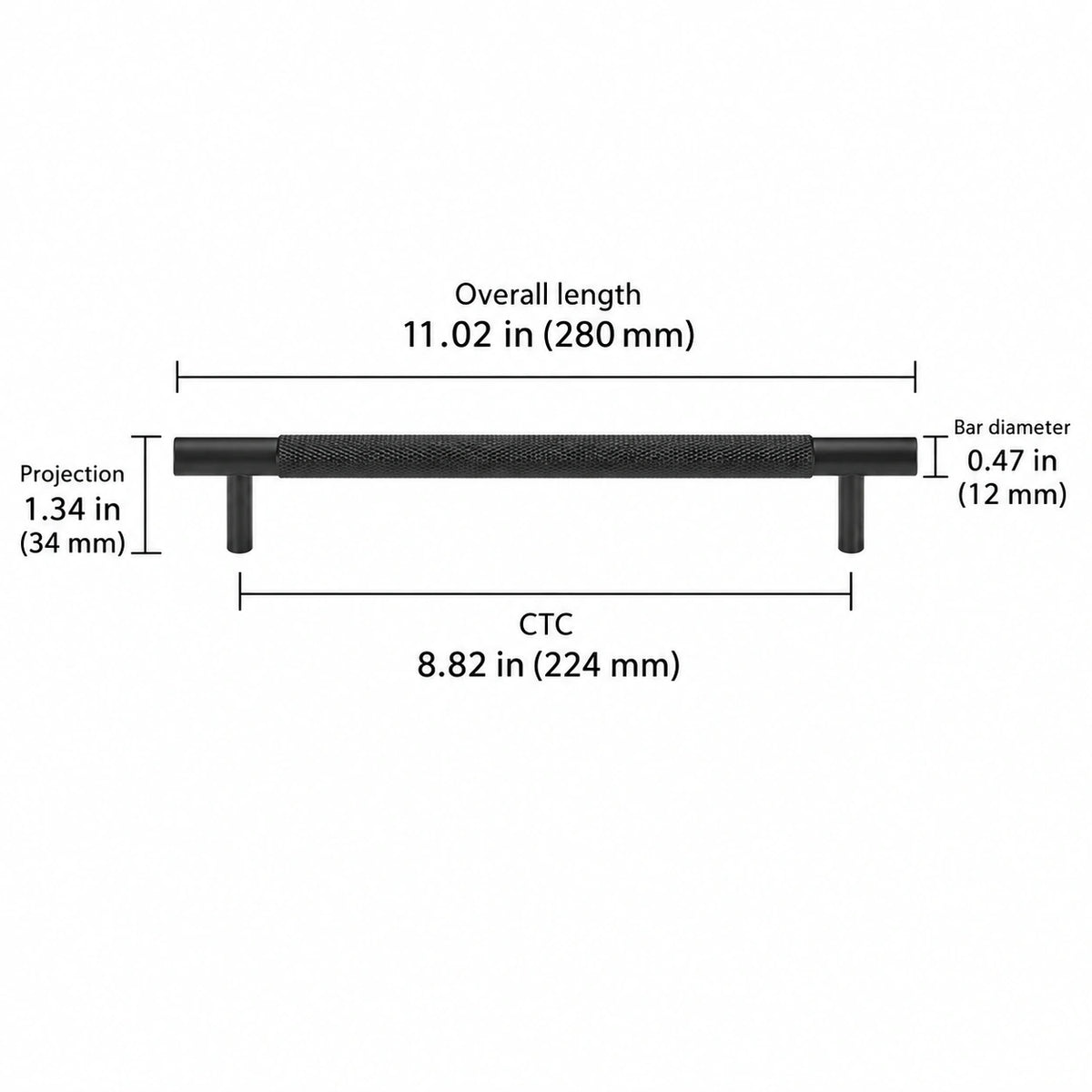 Cross-knurled pull — black — 8.82 in (224 mm) ctc; Overall length 11.02 in (280 mm); CTC 8.82 in (224 mm); Projection 1.34 in (34 mm); Bar diameter 0.47 in (12 mm)