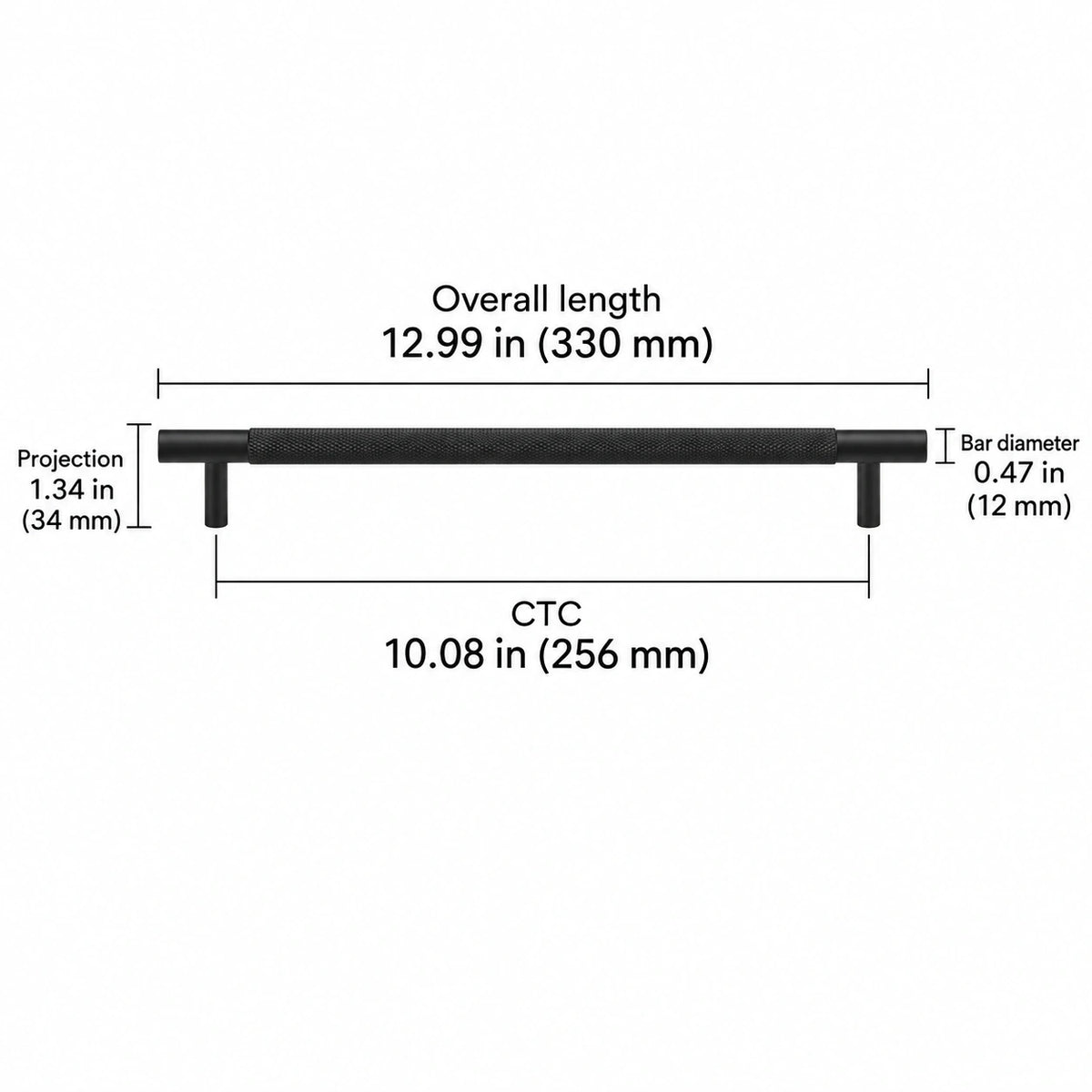 Cross-knurled pull — black — 10.08 in (256 mm) ctc; Overall length 12.99 in (330 mm); CTC 10.08 in (256 mm); Projection 1.34 in (34 mm); Bar diameter 0.47 in (12 mm)