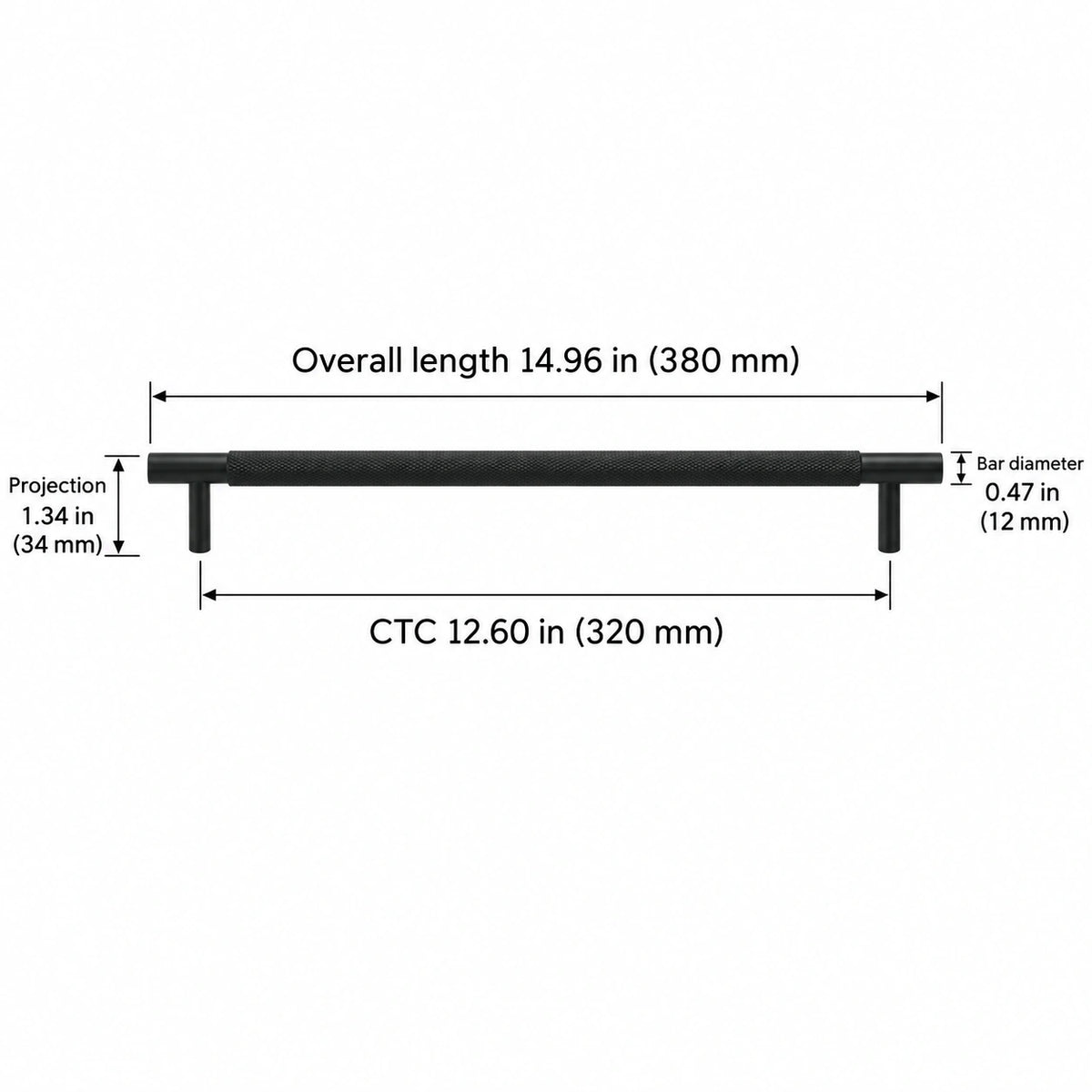 Cross-knurled pull — black — 12.60 in (320 mm) ctc; Overall length 14.96 in (380 mm); CTC 12.60 in (320 mm); Projection 1.34 in (34 mm); Bar diameter 0.47 in (12 mm)