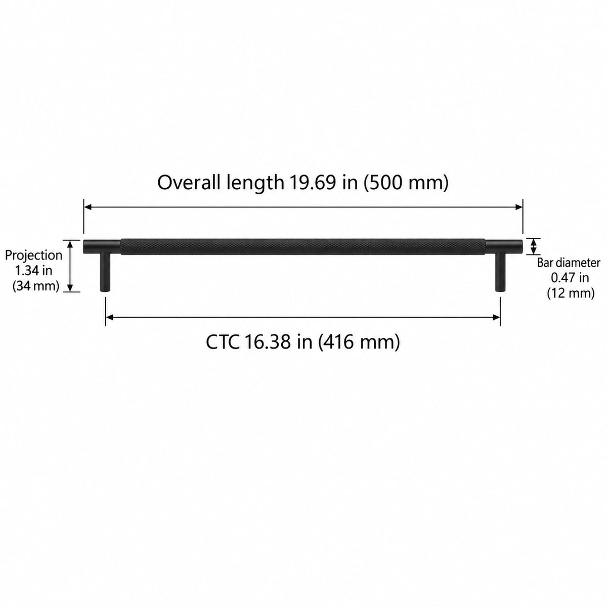 Cross-knurled pull — black — 16.38 in (416 mm) ctc; Overall length 19.69 in (500 mm); CTC 16.38 in (416 mm); Projection 1.34 in (34 mm); Bar diameter 0.47 in (12 mm)