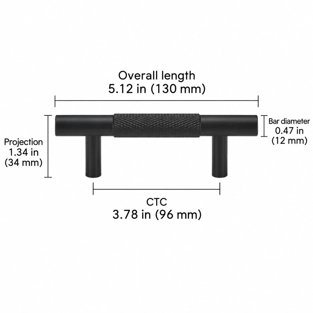 Cross-knurled pull — black — 3.78 in (96 mm) ctc; Overall length 5.12 in (130 mm); CTC 3.78 in (96 mm); Projection 1.34 in (34 mm); Bar diameter 0.47 in (12 mm)