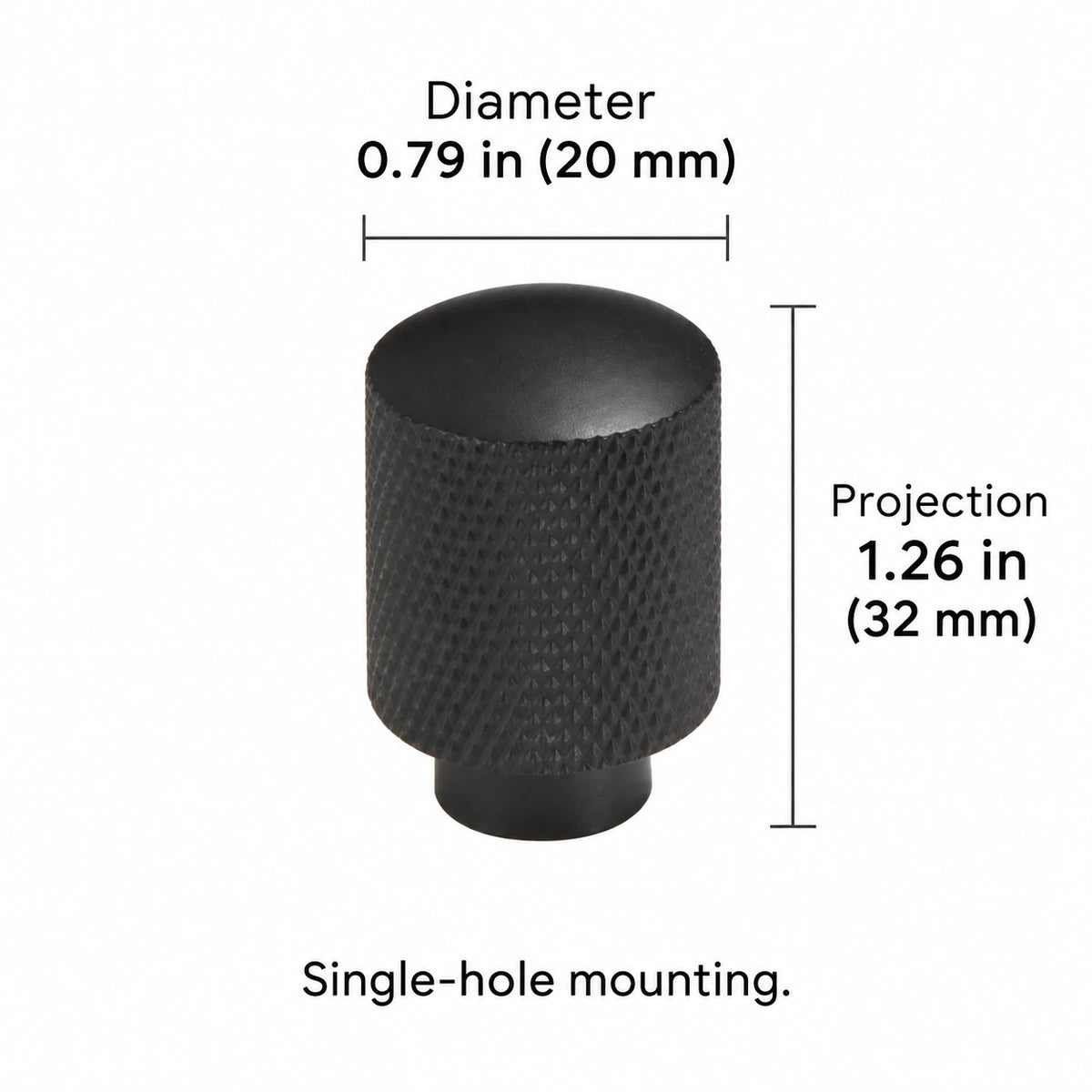Cross-knurled knob i — black — 0.79 in (20 mm) diameter; Diameter 0.79 in (20 mm); Projection 1.26 in (32 mm); Single-hole mounting