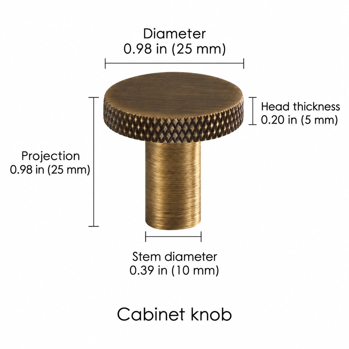 Knurled-rim knob — antique brass — 0.98 in (25 mm) diameter; Diameter 0.98 in (25 mm); Projection 0.98 in (25 mm); Stem diameter 0.39 in (10 mm); Head thickness 0.20 in (5 mm); Cabinet knob