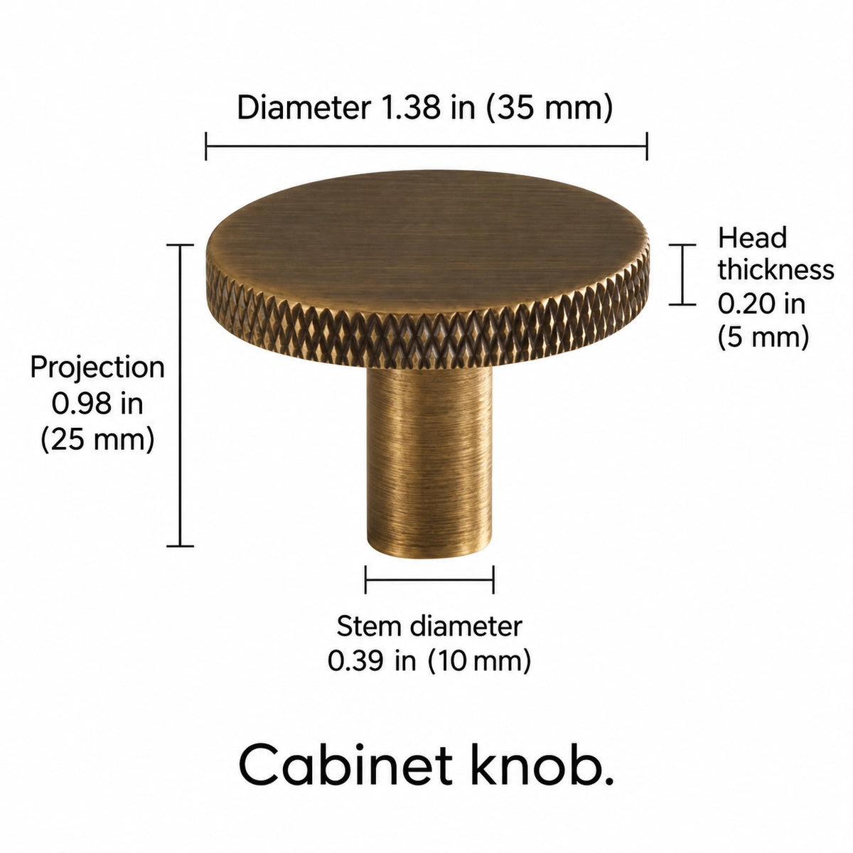Knurled-rim knob — antique brass — 1.38 in (35 mm) diameter; Diameter 1.38 in (35 mm); Projection 0.98 in (25 mm); Stem diameter 0.39 in (10 mm); Head thickness 0.20 in (5 mm); Cabinet knob