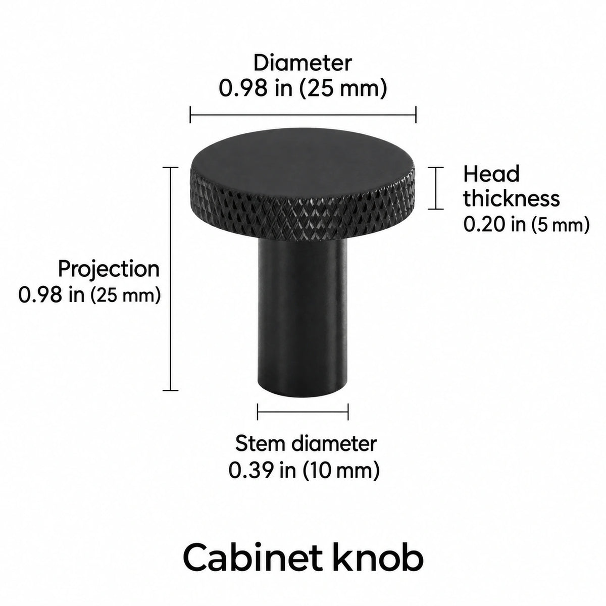Knurled-rim knob — black — 0.98 in (25 mm) diameter; Diameter 0.98 in (25 mm); Projection 0.98 in (25 mm); Stem diameter 0.39 in (10 mm); Head thickness 0.20 in (5 mm); Cabinet knob