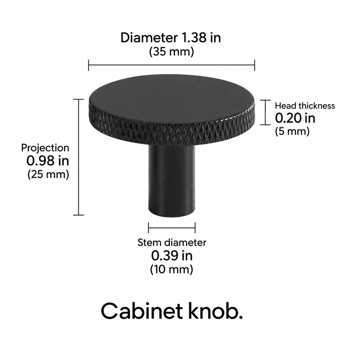 Knurled-rim knob — black — 1.38 in (35 mm) diameter; Diameter 1.38 in (35 mm); Projection 0.98 in (25 mm); Stem diameter 0.39 in (10 mm); Head thickness 0.20 in (5 mm); Cabinet knob