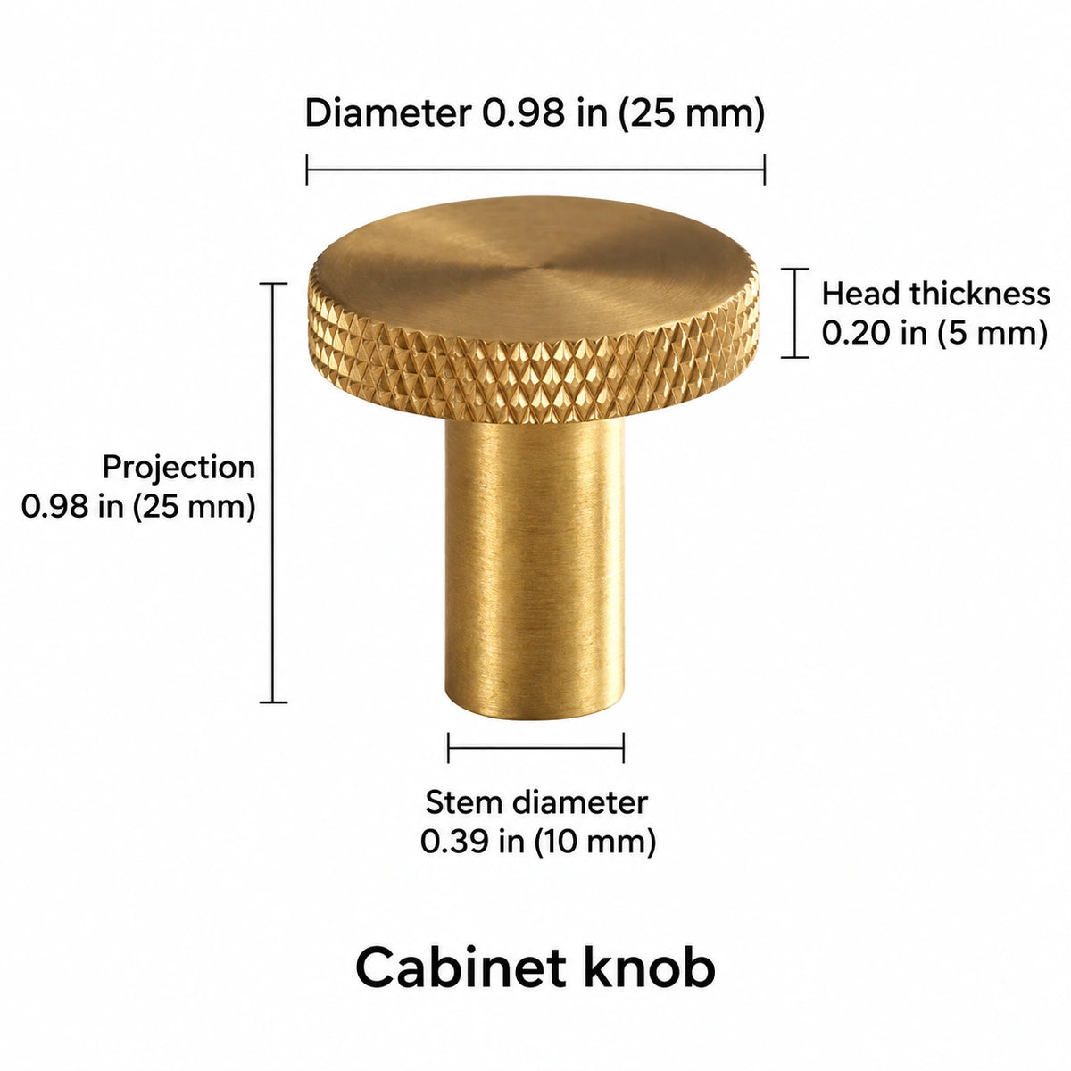 Knurled-rim knob — brass — 0.98 in (25 mm) diameter; Diameter 0.98 in (25 mm); Projection 0.98 in (25 mm); Stem diameter 0.39 in (10 mm); Head thickness 0.20 in (5 mm); Cabinet knob