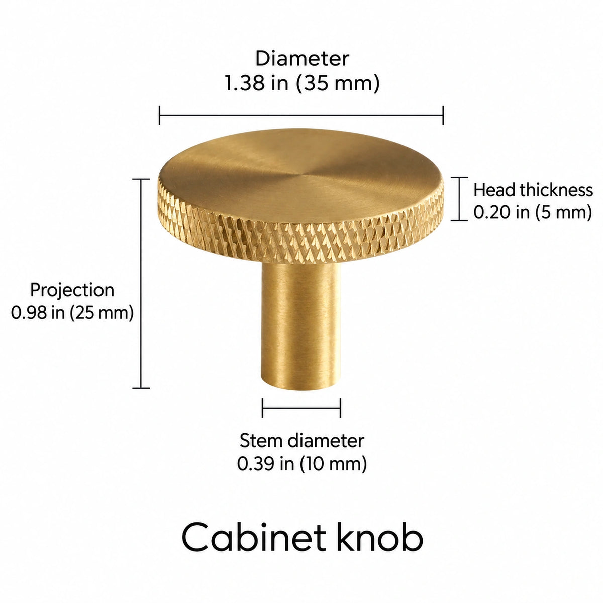 Knurled-rim knob — brass — 1.38 in (35 mm) diameter; Diameter 1.38 in (35 mm); Projection 0.98 in (25 mm); Stem diameter 0.39 in (10 mm); Head thickness 0.20 in (5 mm); Cabinet knob