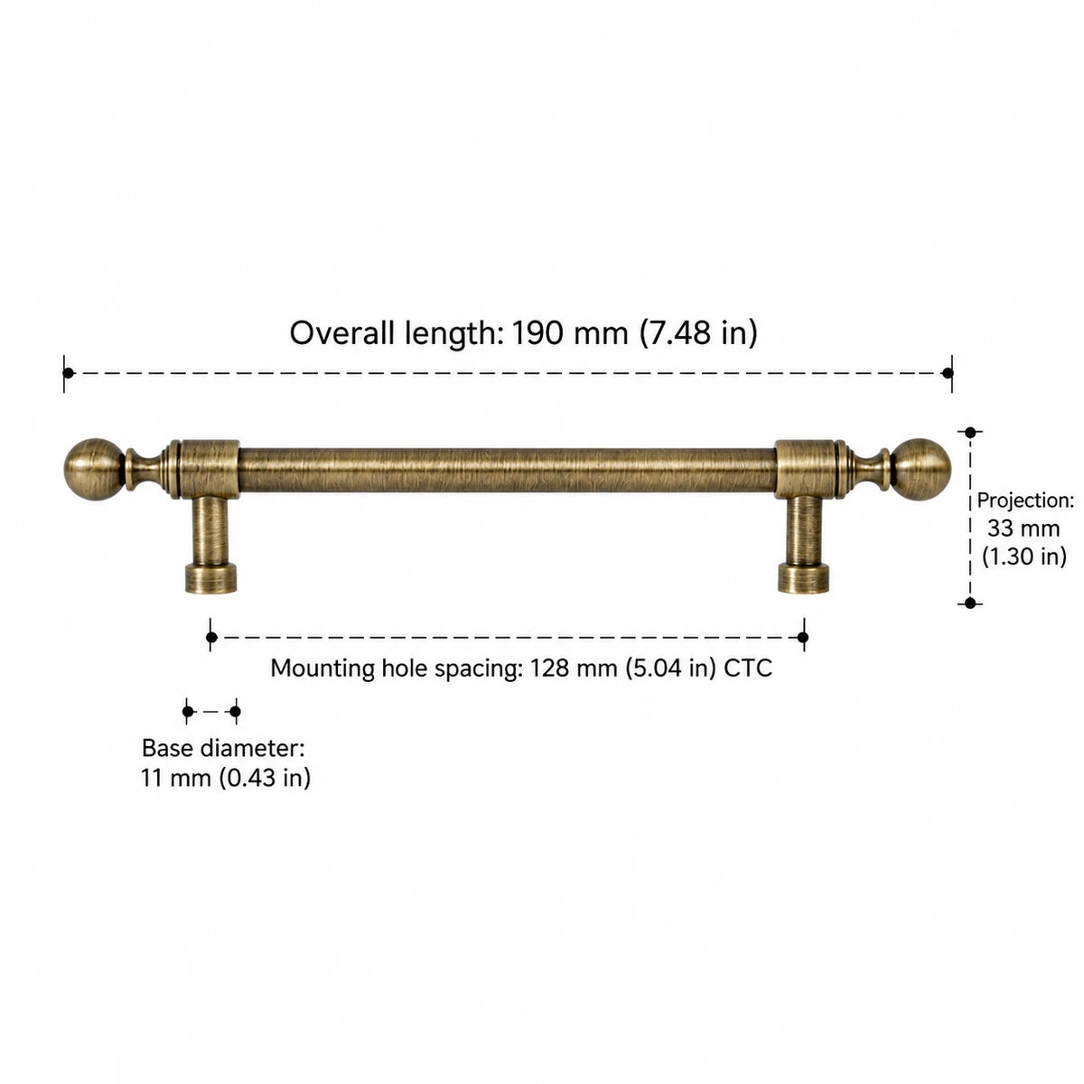 Collared ball-end pull dimensions: 5.04 inch (128 mm) CTC and 7.48 inch (190 mm) overall length