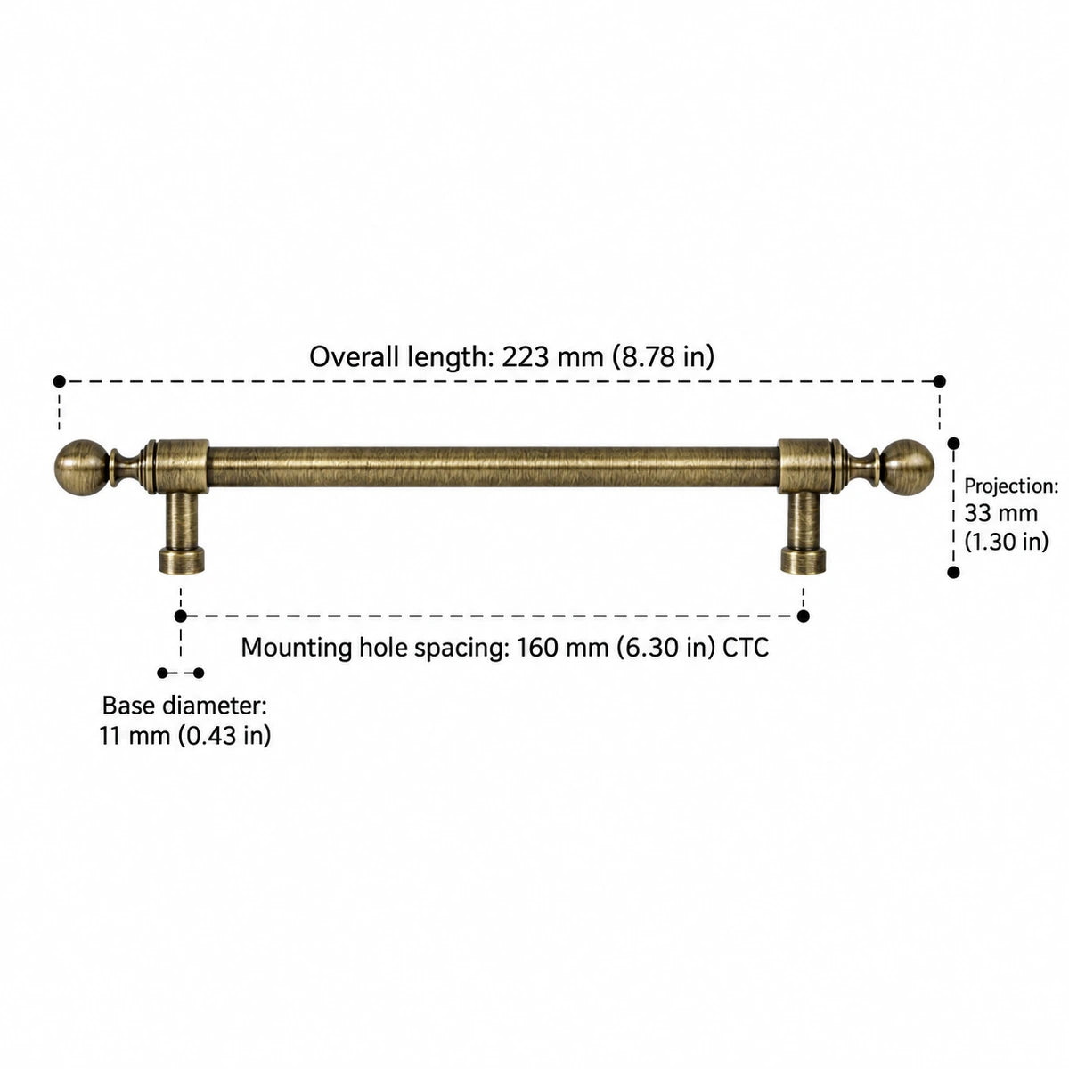 Collared ball-end pull dimensions: 6.30 inch (160 mm) CTC and 8.78 inch (223 mm) overall length
